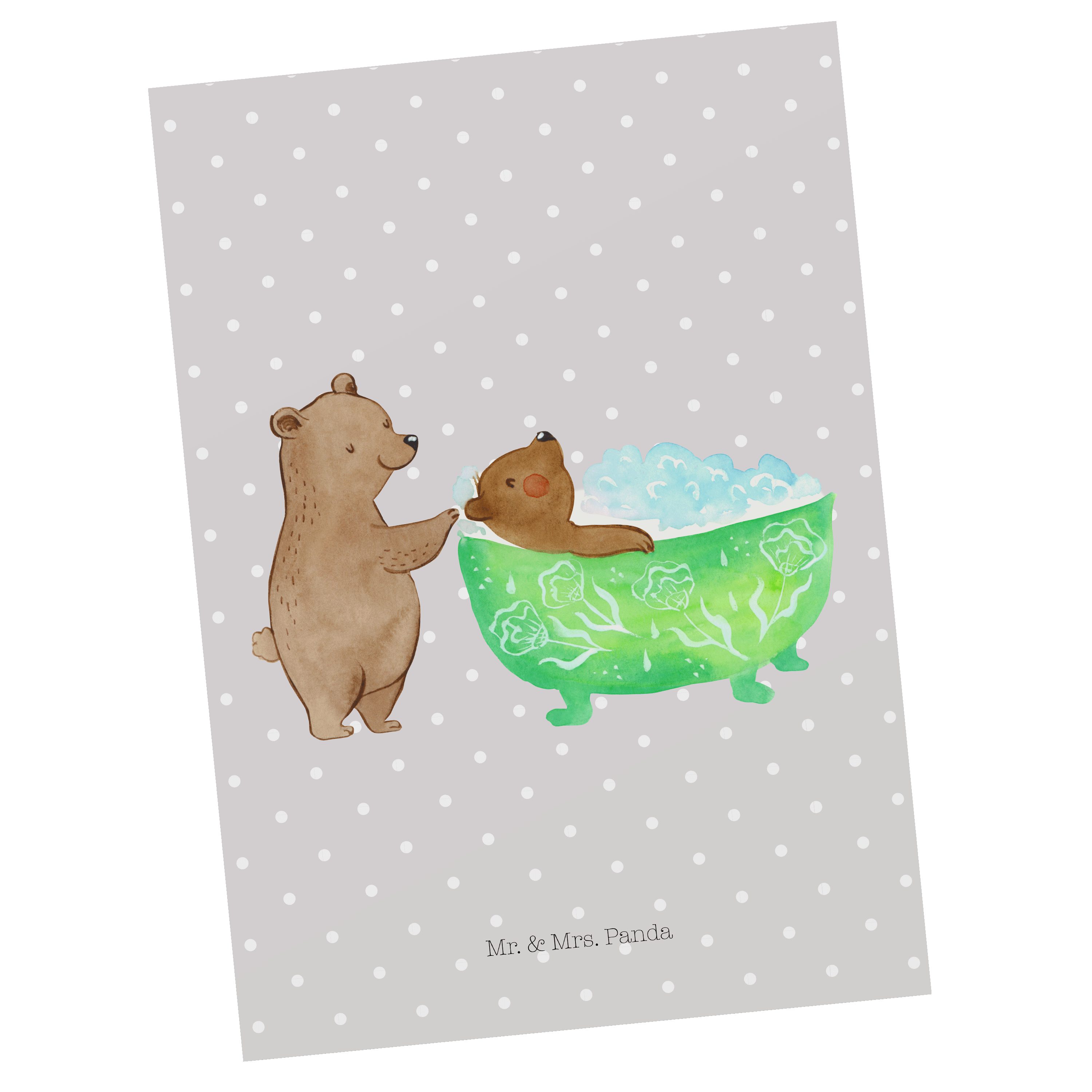 Mr. & Mrs. Panda Postkarte Oma badet - Grau Pastell - Geschenk, Opa, Familie, Lieblingsoma, Gebu