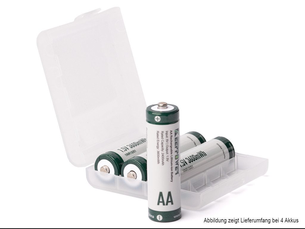 Keeppower 4 Stück Keeppower P1450I AA 1,5V Li-Ion Akku – 3600mWh Power mit kons Akku 2400 mAh (1,5 V)