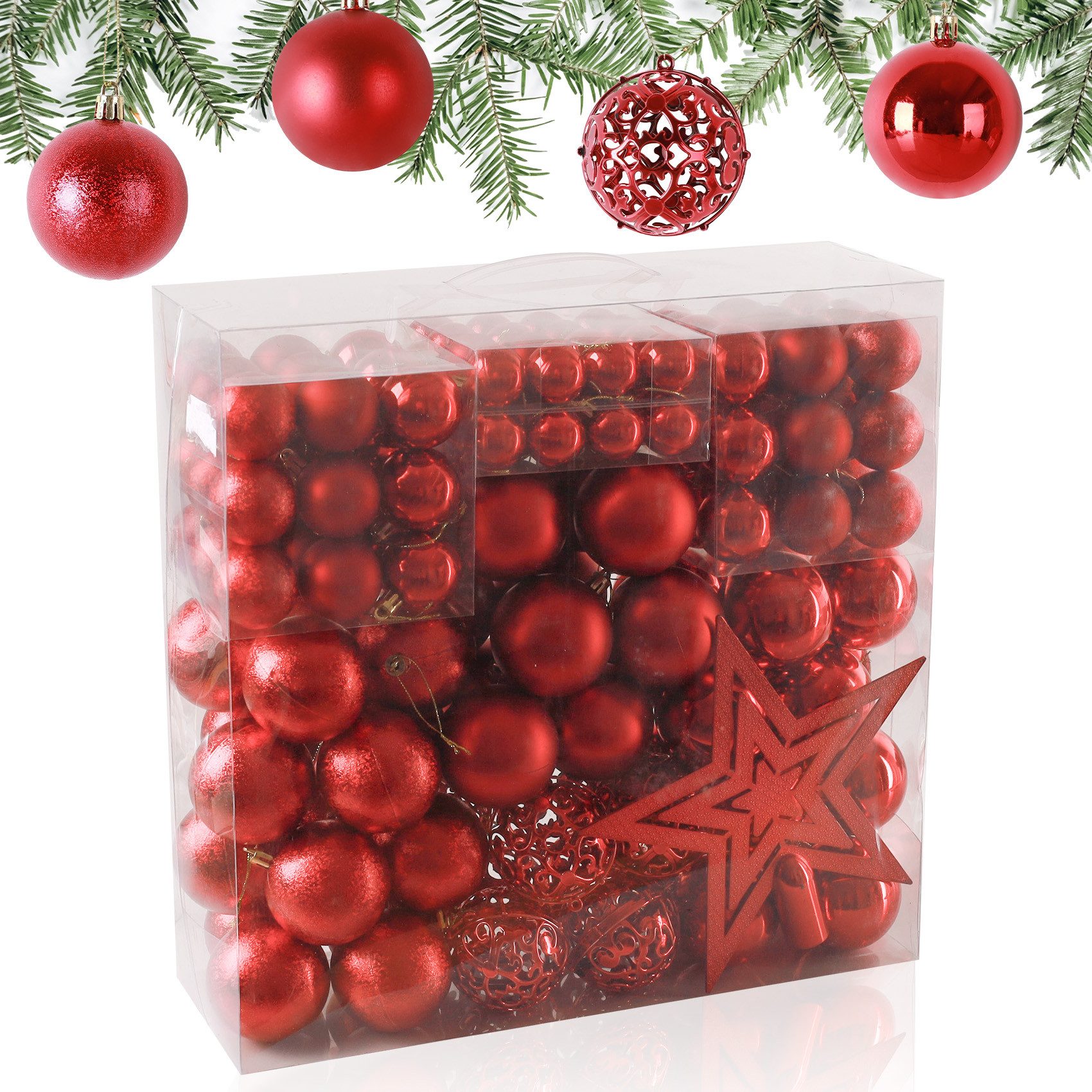 ElitVita Christbaumschmuck Weihnachtskugeln Weihnachtsbaumspitze Stern Weihnachtsdeko Set (139-tlg), Kunststoff Christbaumkugeln mit Aufhänger Deko