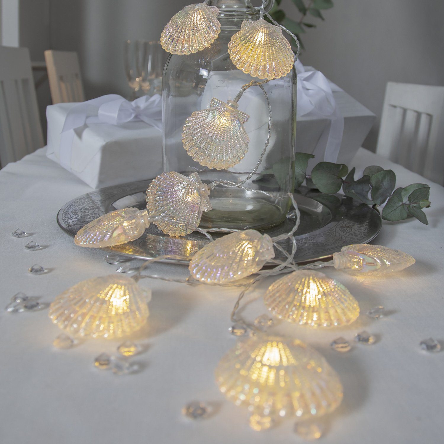 STAR TRADING LED-Lichterkette 10 leuchtende Muscheln 1,35m Batterie Timer Innen weiß, 10-flammig