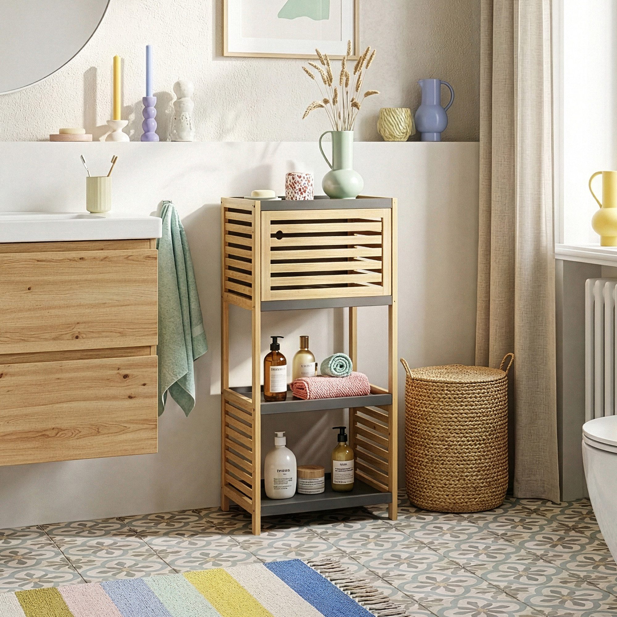 en.casa Badregal, »Kydesby« 83 x 39 x 30 cm 1 Tür 2 offene Fächer Bambus Natur/Grau