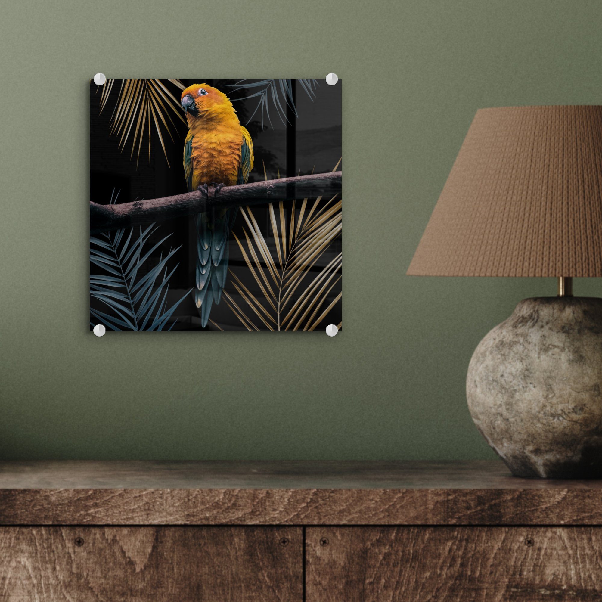MuchoWow Acrylglasbild Vogel Wanddekoration (1 Papagei Bilder Glas - St), Zweig Wandbild Foto Blätter, - - - auf - auf Glasbilder Glas 