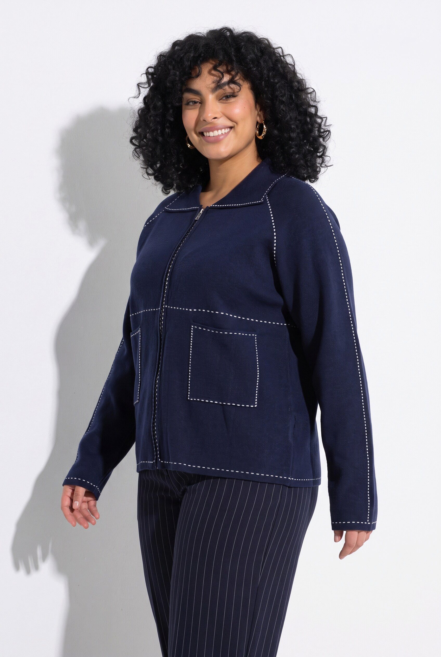 Ulla Popken Strickjacke Strickjacke Hemdkragen Reißverschluss Langarm