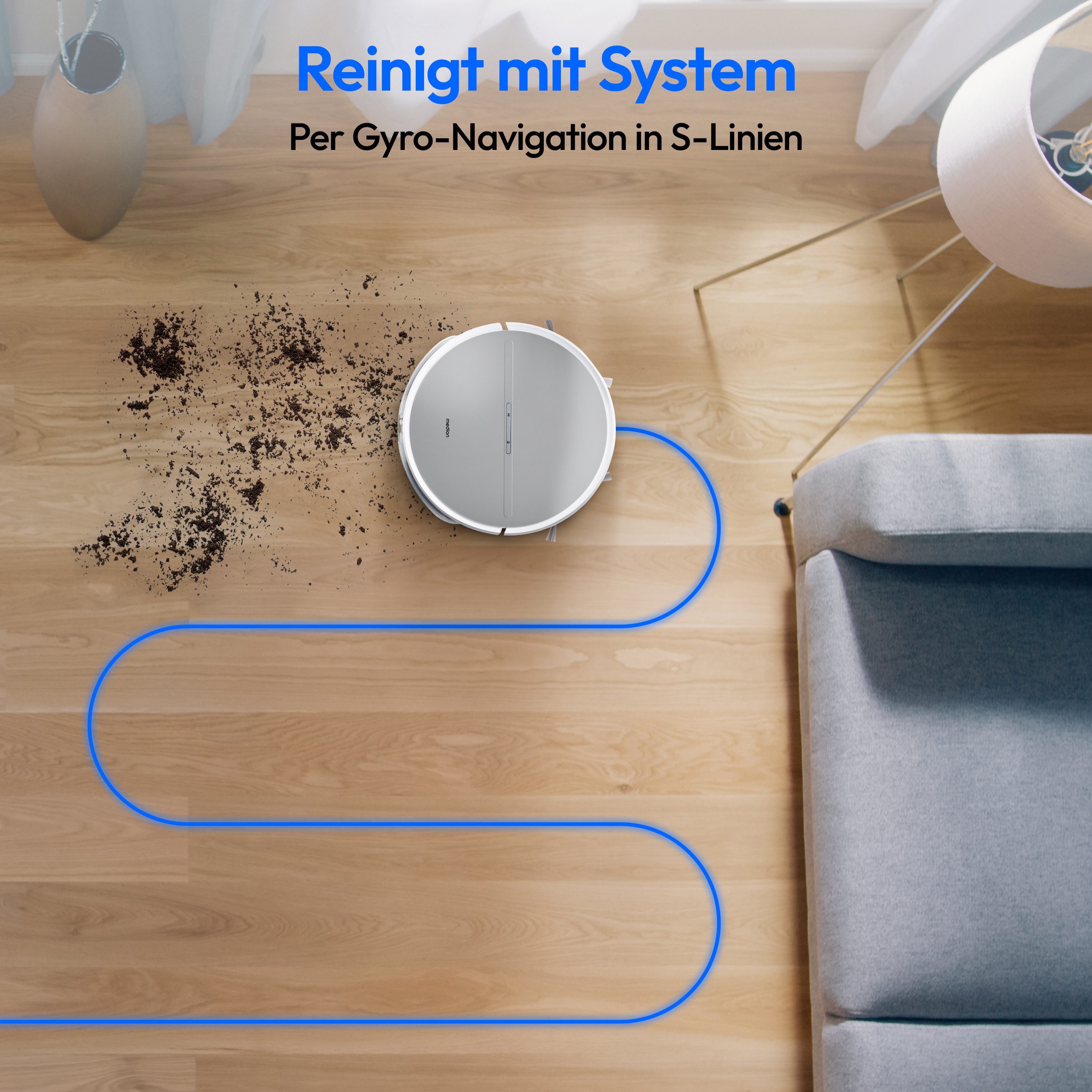 Medion® Saugroboter mit Wischfunktion E35 SW (MD 18035), 2 kPa Saugleistung, beutellos, Gyro-Navigation in S-Linien120 min Laufzeit, integriertes Zubehör