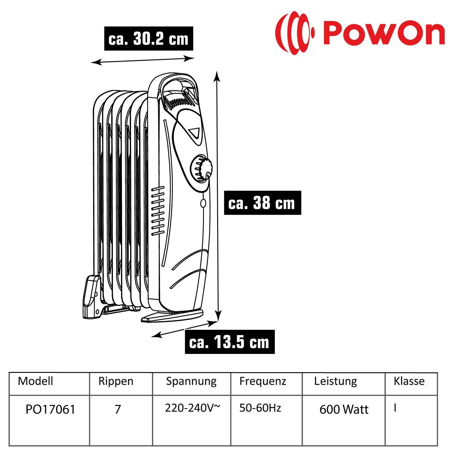 PowOn Ölradiator 600W Ölradiator Heizkörper Rippen Energiesparend ca.30x14x38cm 7 Elektrisch, Radiator