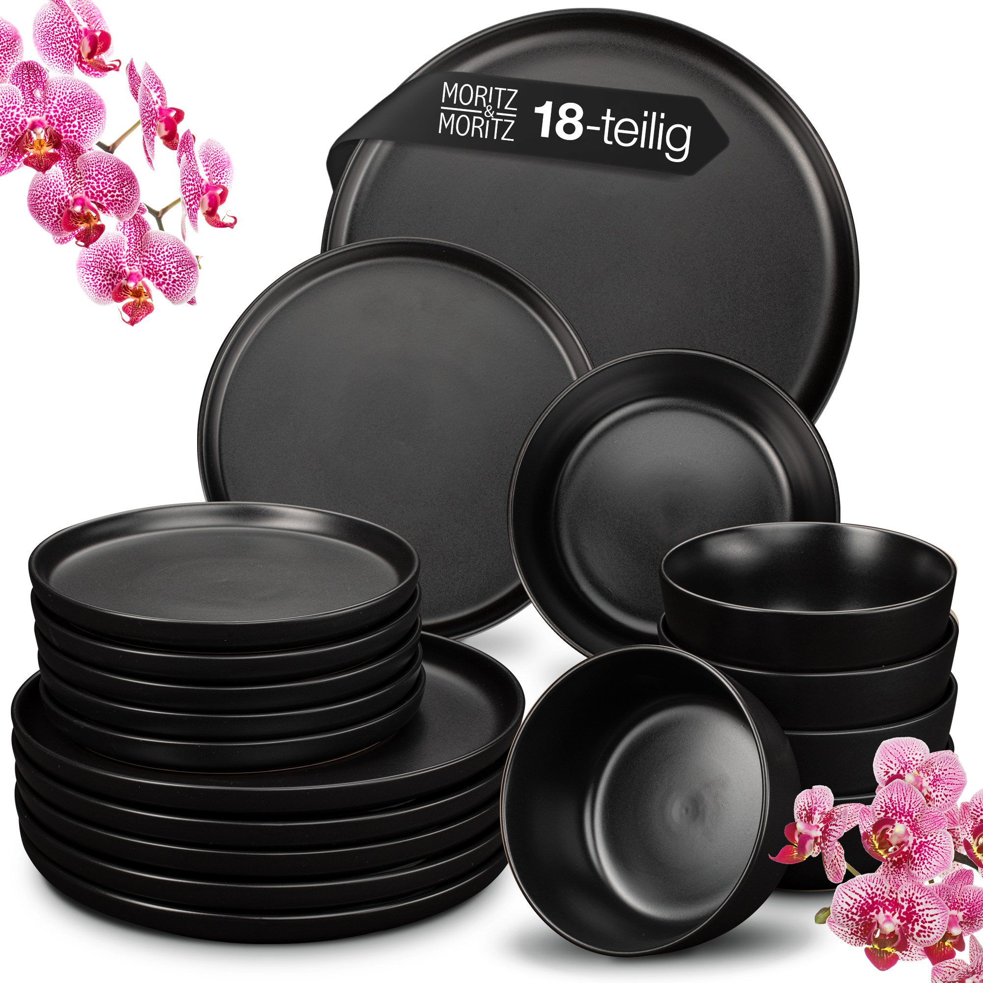 Moritz & Moritz Kombiservice NORDIC 18tlg Geschirrset Schwarz (18-tlg), 6 Personen, Steinzeug, Spülmaschinengeeignet