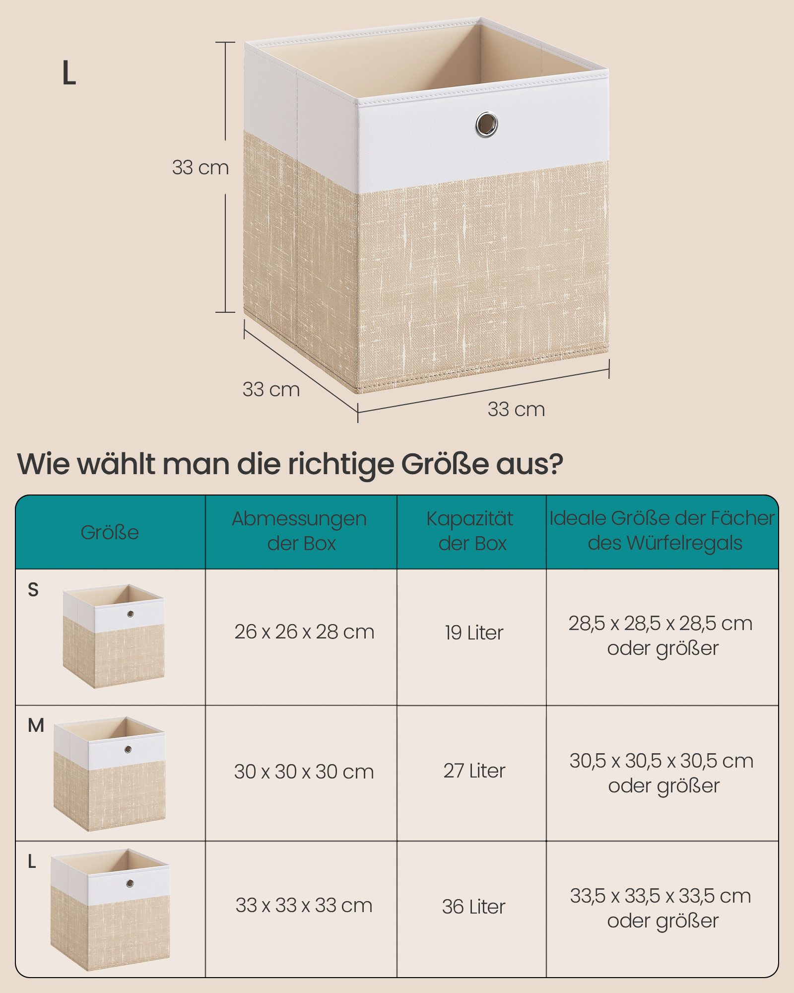 SONGMICS Aufbewahrungsbox Aufbewahrungskorb, Ordnungsboxen, Faltbox, Stoffbox für Würfelregal (6 St), mit PP-Platten, geruchsneutral, 33 x 33 x 33 cm, wolkenweiß-sandbeige