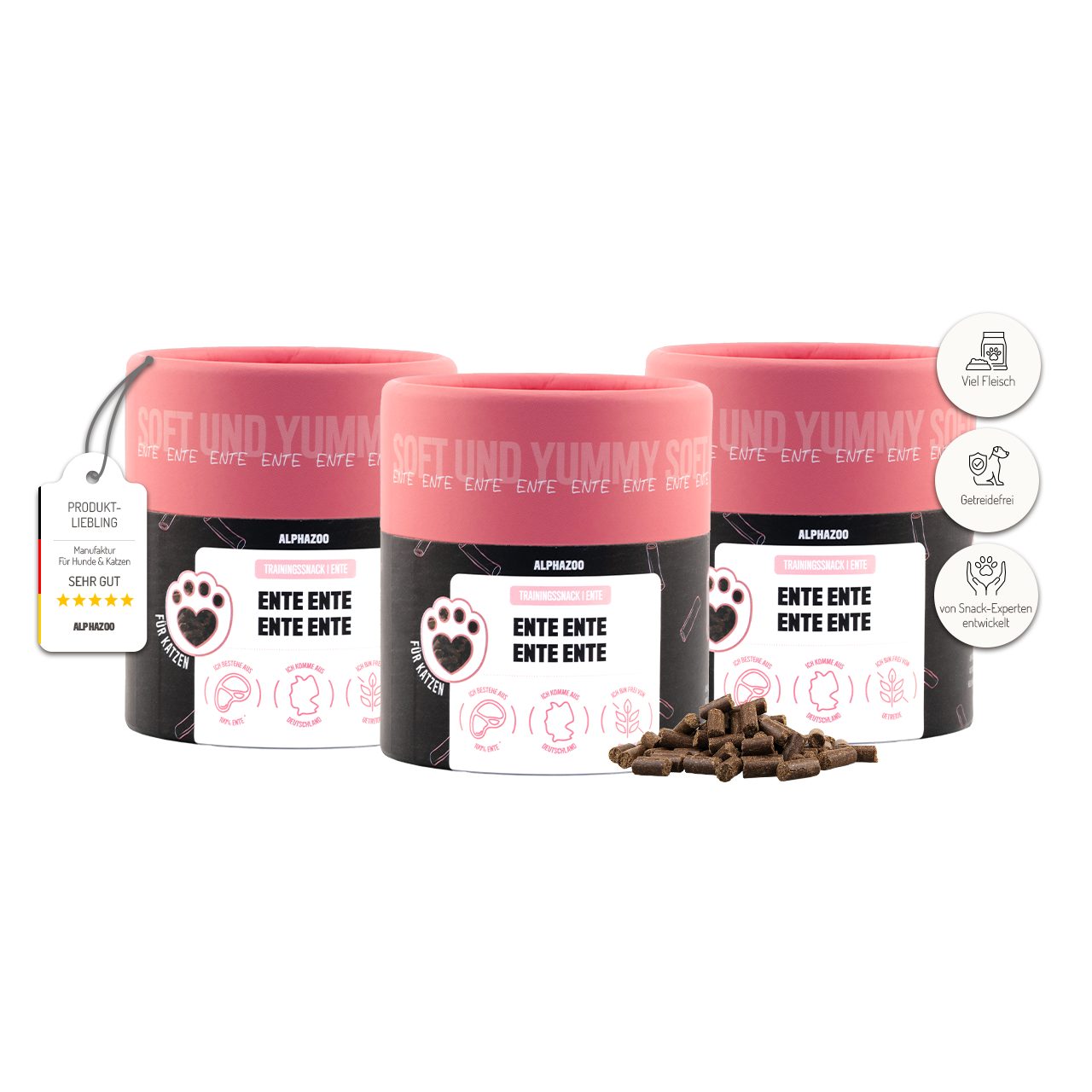 ALPHAZOO Ente Ente Ente Ente 3 x 65g, Weiche Katzenleckerli getreidefrei und ohne Zuckerzusatz, Snack für: Katzen, Katzensnack mit viel Fleisch und ohne Getreide