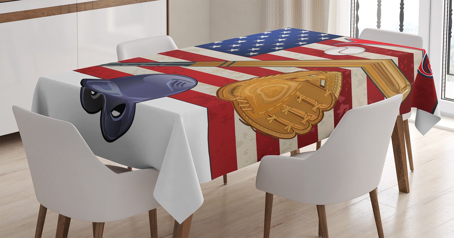 Abakuhaus Tischdecke Farbfest Waschbar Für den Außen Bereich geeignet Klare Farben, amerikanisch USA-Flagge und Baseball