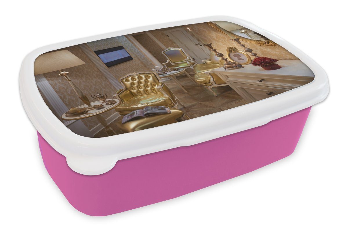 MuchoWow Lunchbox Wohnzimmer in (2-tlg), Kunststoff, für Mädchen, Kinder, Haus, Snackbox, goldenen rosa Kunststoff Brotdose Brotbox Erwachsene, einem