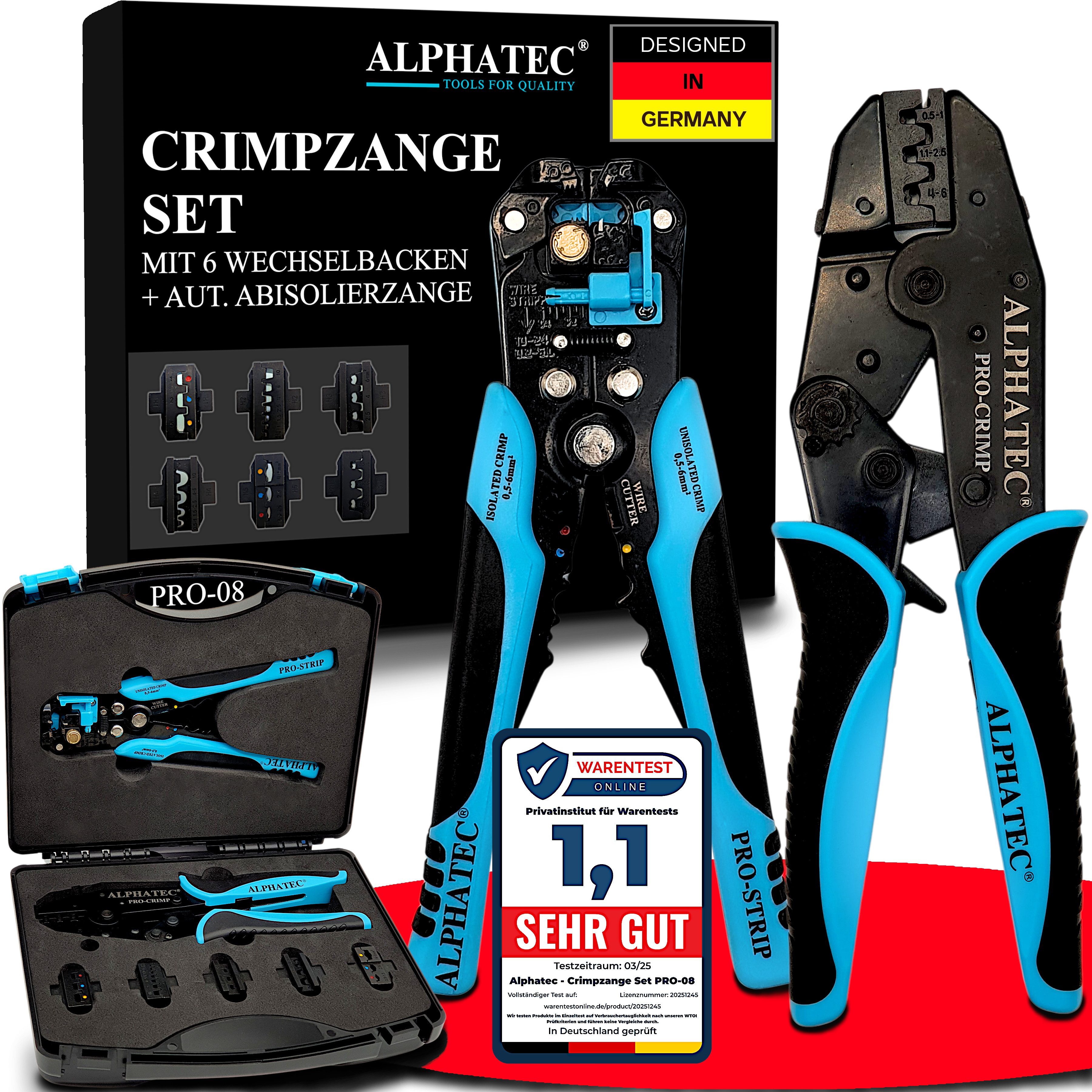 ALPHATEC® Crimpzange Crimpzangen Set mit Wechselbacken inkl. Abisolierzange 0,25-10mm² 8tlg, Kabelschuhe, Aderendhülsen, Flachstecker, Quetschverbinder, MC4, Solar