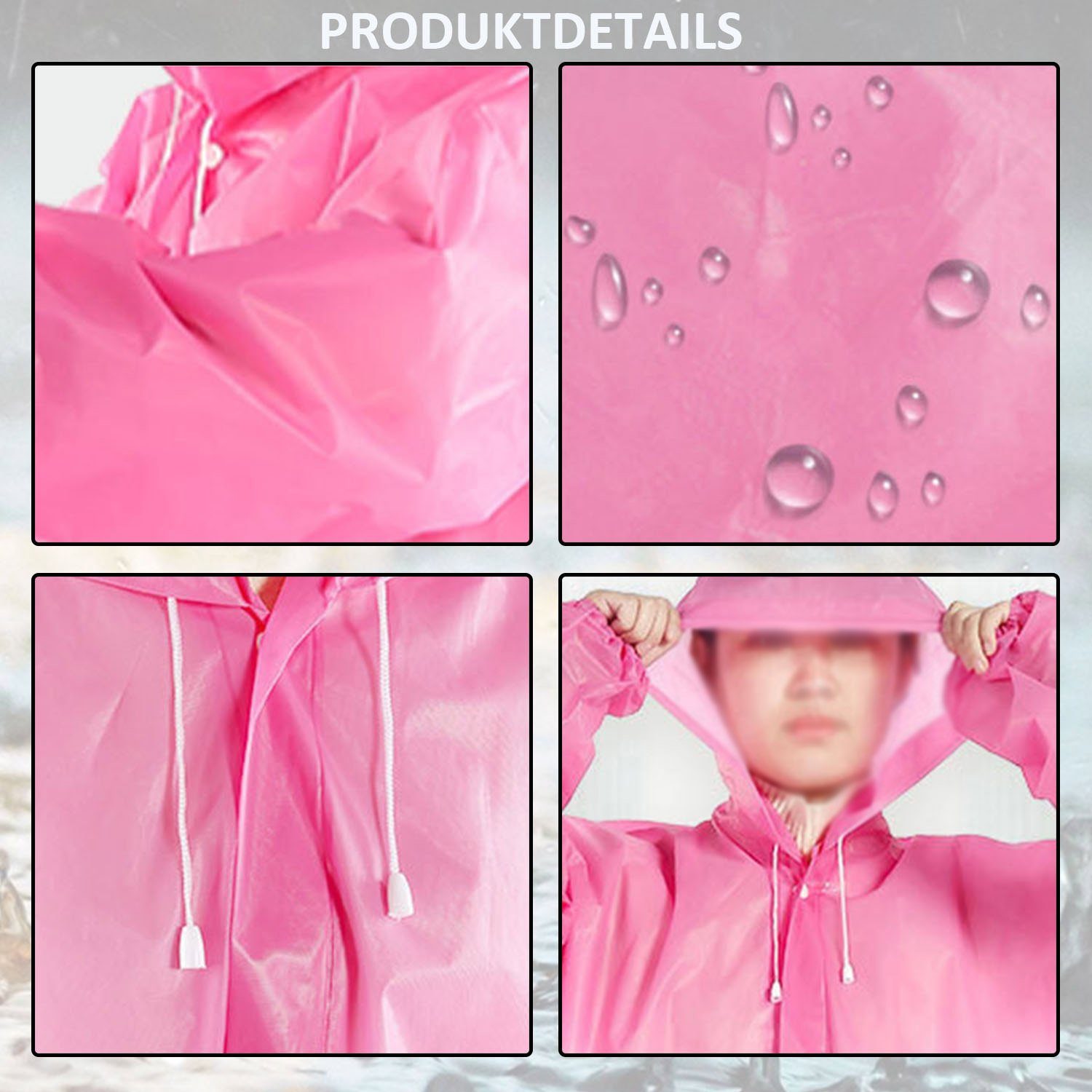 MAGICSHE Regenjacke Transparent mit Kapuze 2 Rosa Regenponcho Regenmantel Stück