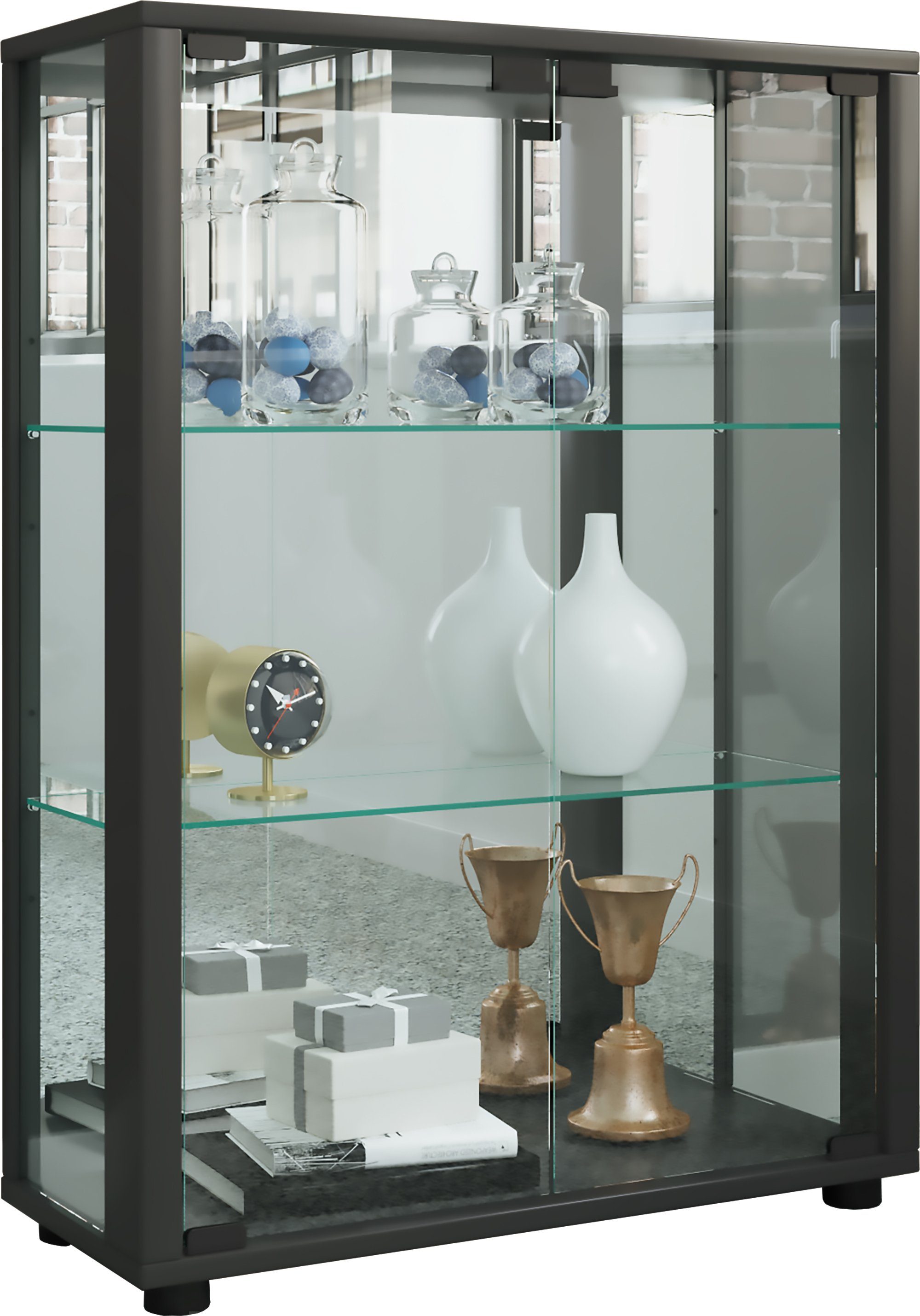 VCM Standvitrine Sammelvitrine Sintalo Schwarz Spiegel Vitrine Stand Glas