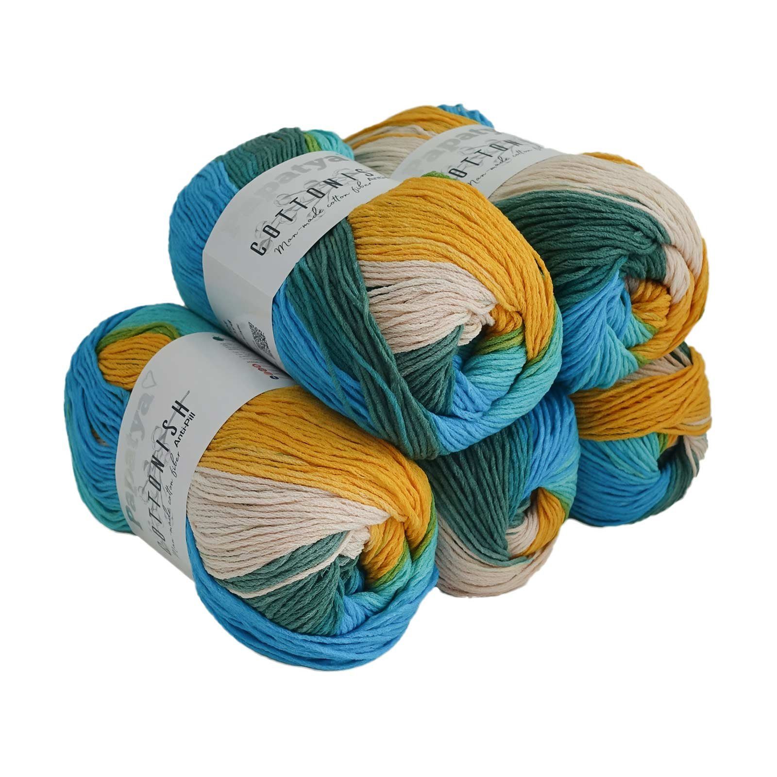 maDDma 5 x 100g Strickgarn Papatya Cottonish Häkelwolle, 250 m, 11 gelb-beige-blau-grün