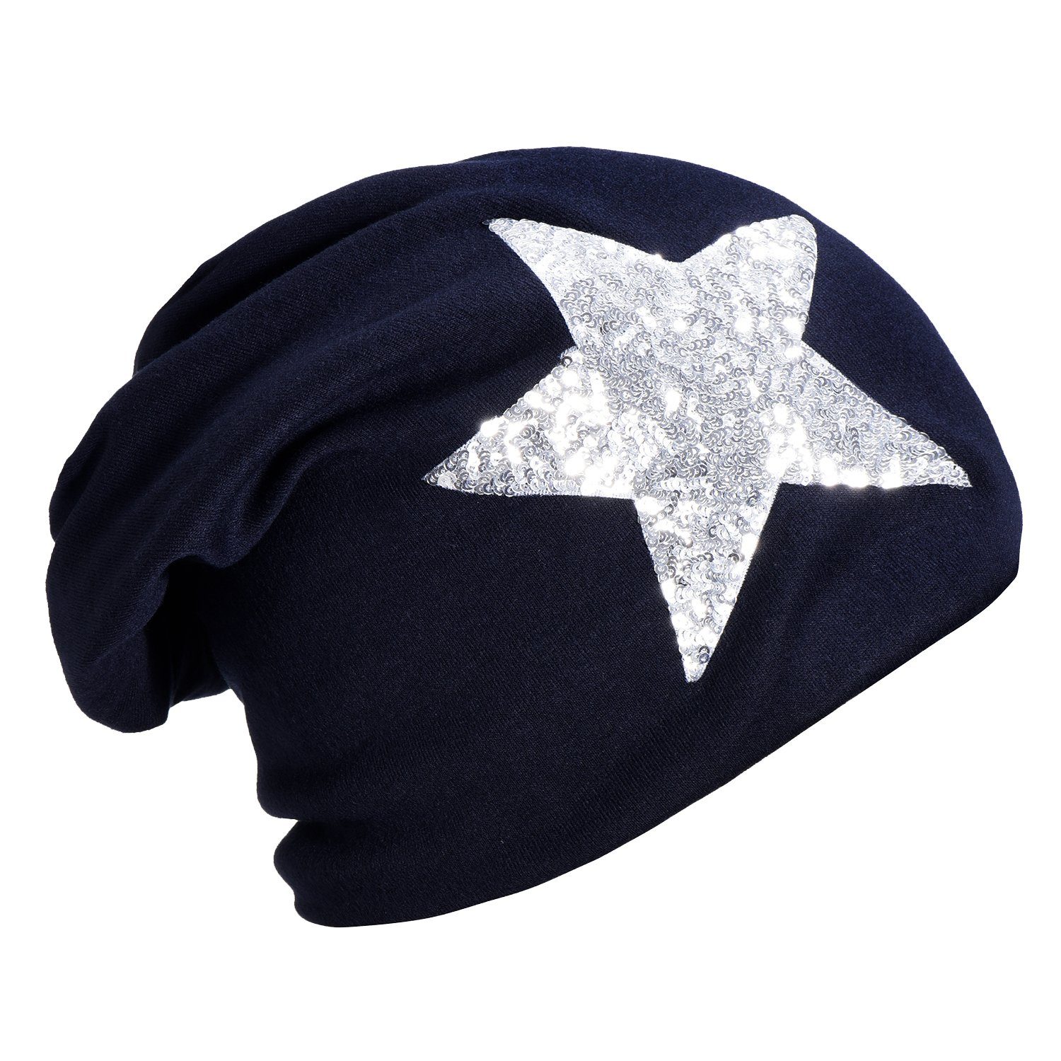 DonDon Beanie mit Strass- Slouch Print Beanie Wintermütze, großem dunkelblau 1-St) mit Damen Stern Sternenprint, oder mit Pailletten-, Teddyfleece (Packung