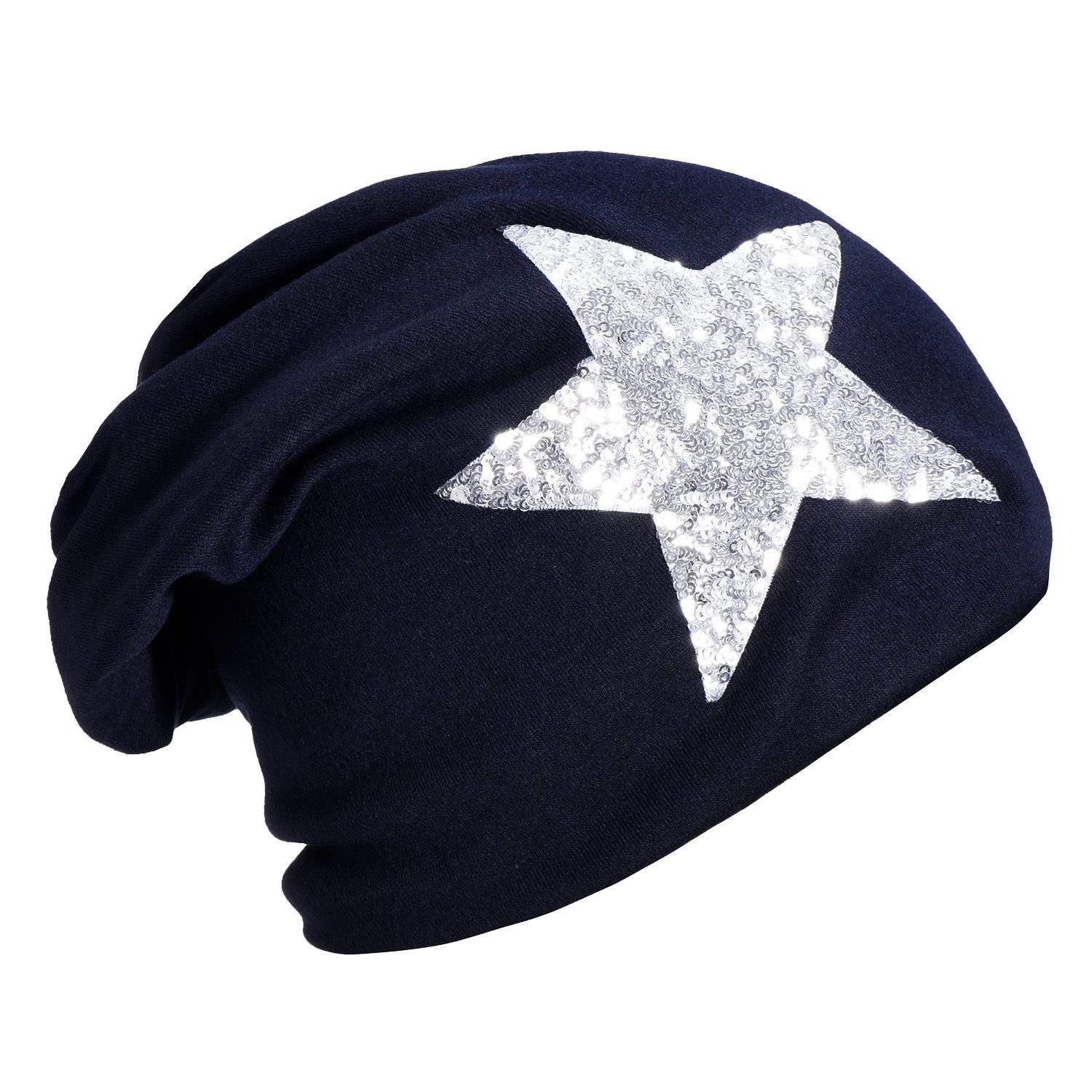 Strass- mit oder Slouch Teddyfleece Stern Pailletten-, Sternenprint, Beanie Print mit (Packung, mit Damen 1-St) Wintermütze, großem DonDon Beanie dunkelblau