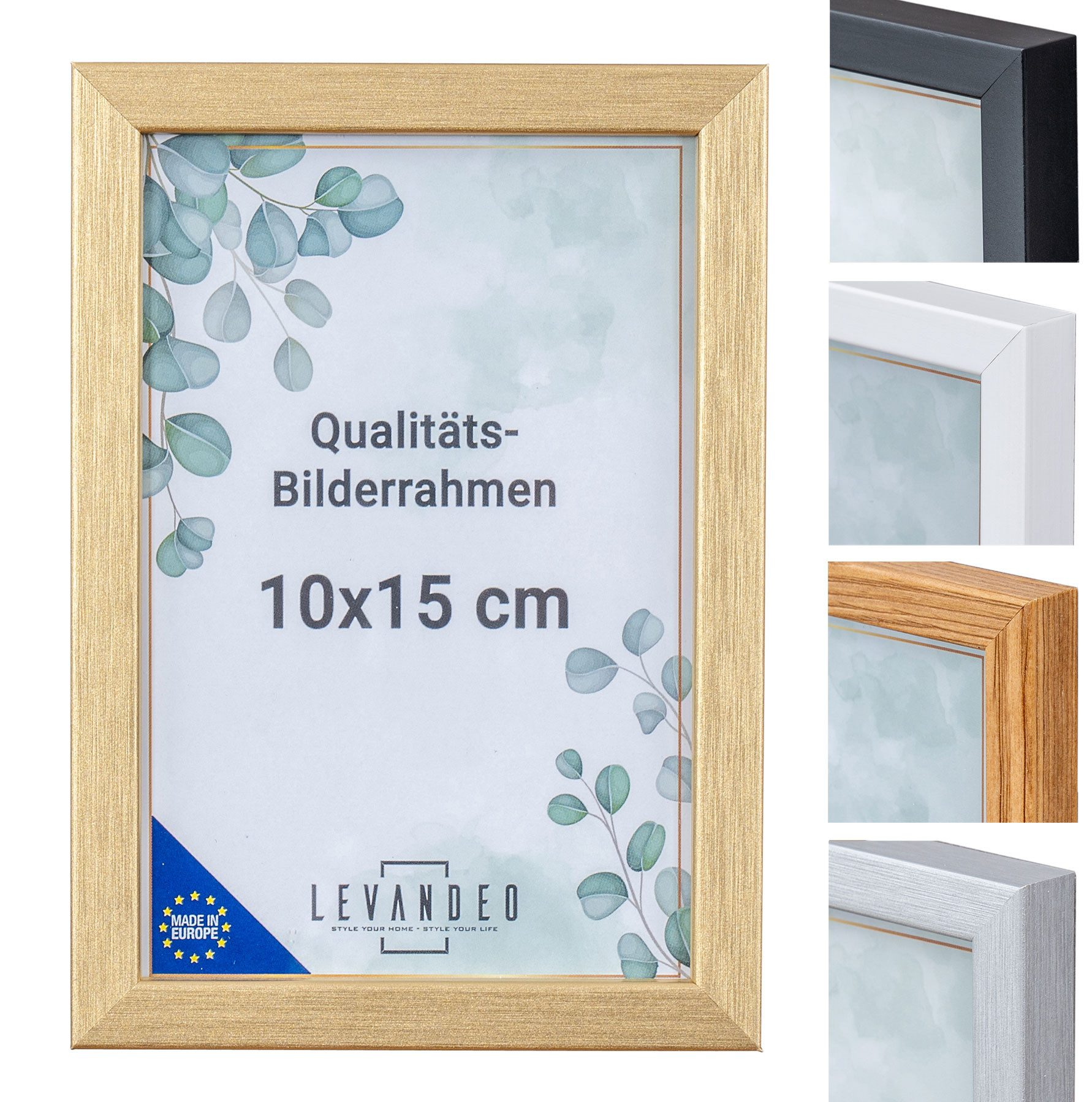 Levandeo® Bilderrahmen, Bilderrahmen Echtholz Made in EU 10x15 Gold Glasscheibe Fotorahmen