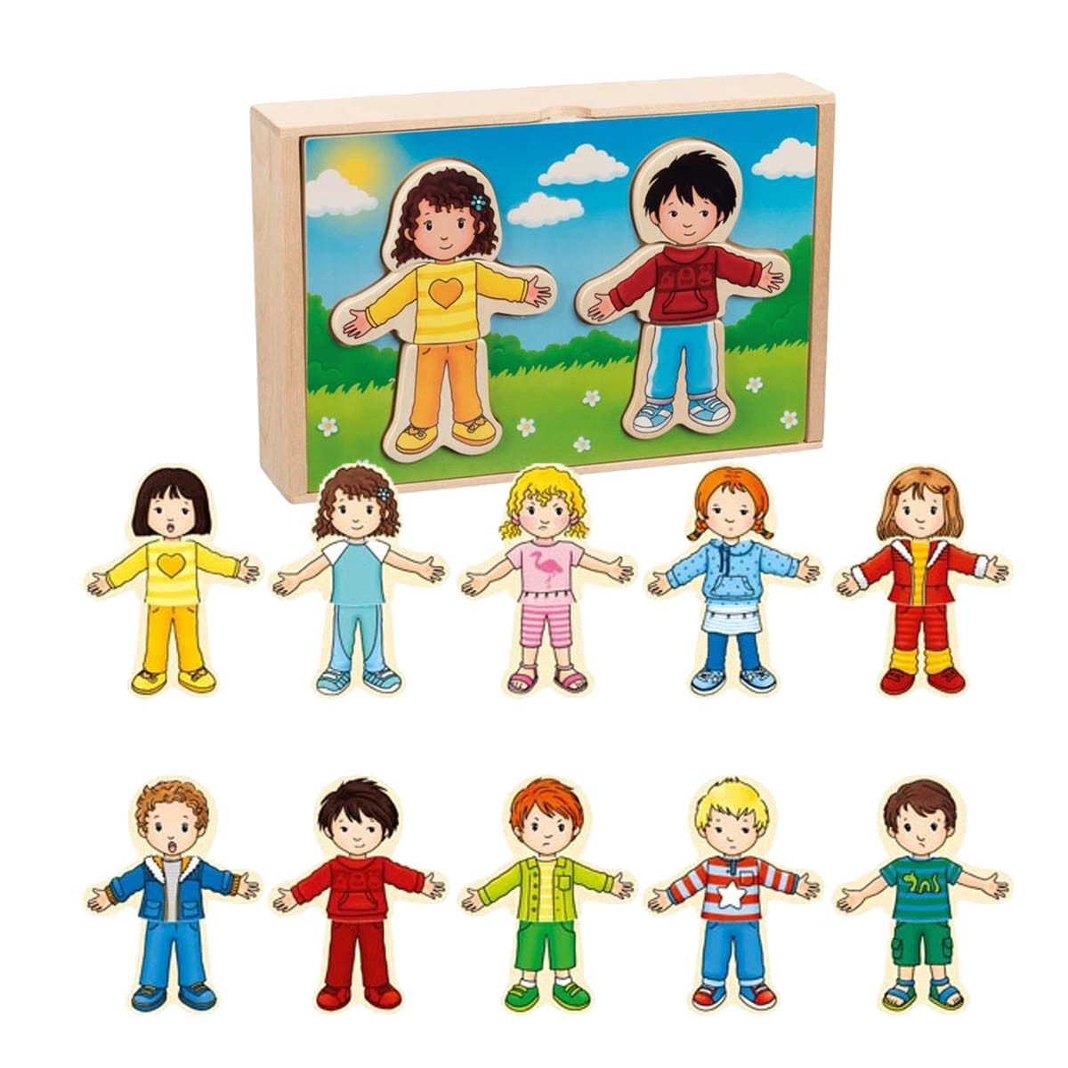 goki Anziehpuppe Anziehpuppenpuzzle Junge und Mädchen (Packung, 36-tlg., box), 36 Möglichkeiten für das Outfit