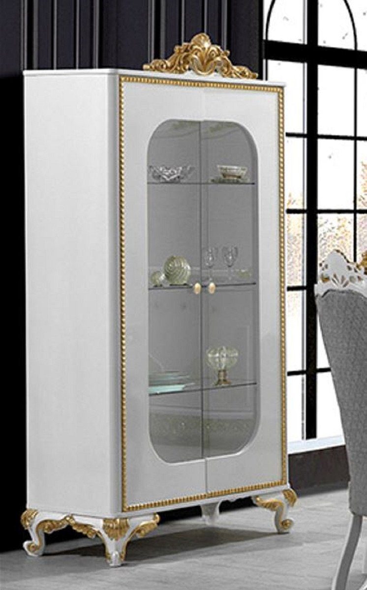 Gold Massivholz mit Vitrine / Vitrine Luxus Casa Weiß Handgefertigter Padrino Prunkvolle Barock - Barock - Möbel 2 Vitrinenschrank Glastüren