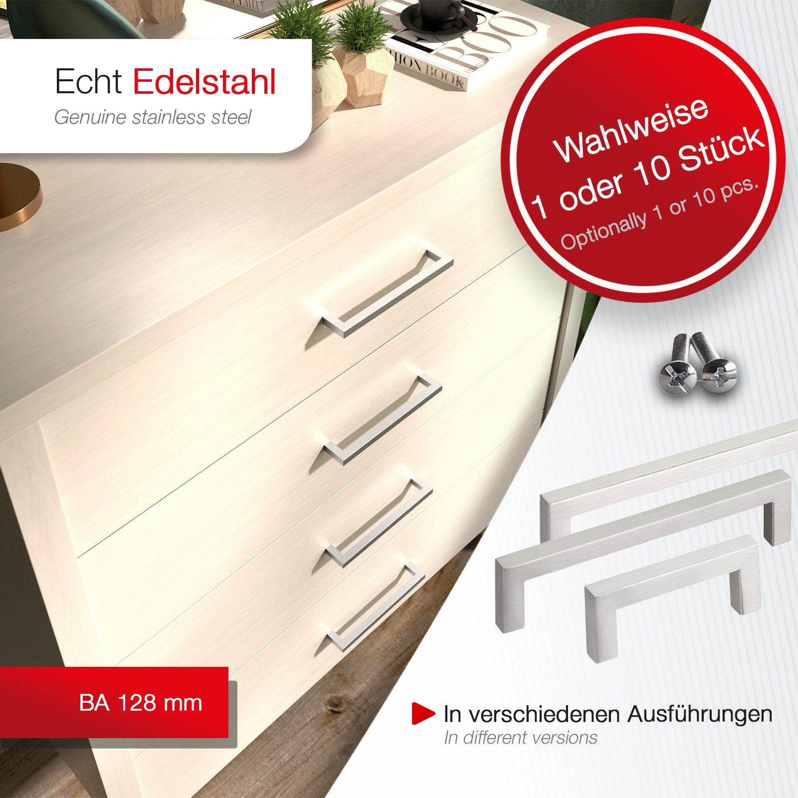 SO-TECH® Möbelgriff Stangengriff E8, aus echt Edelstahl, Profil eckig 10x10 mm (1-St), gebürstet, Bohrlochabstand 128 mm, mit Schrauben