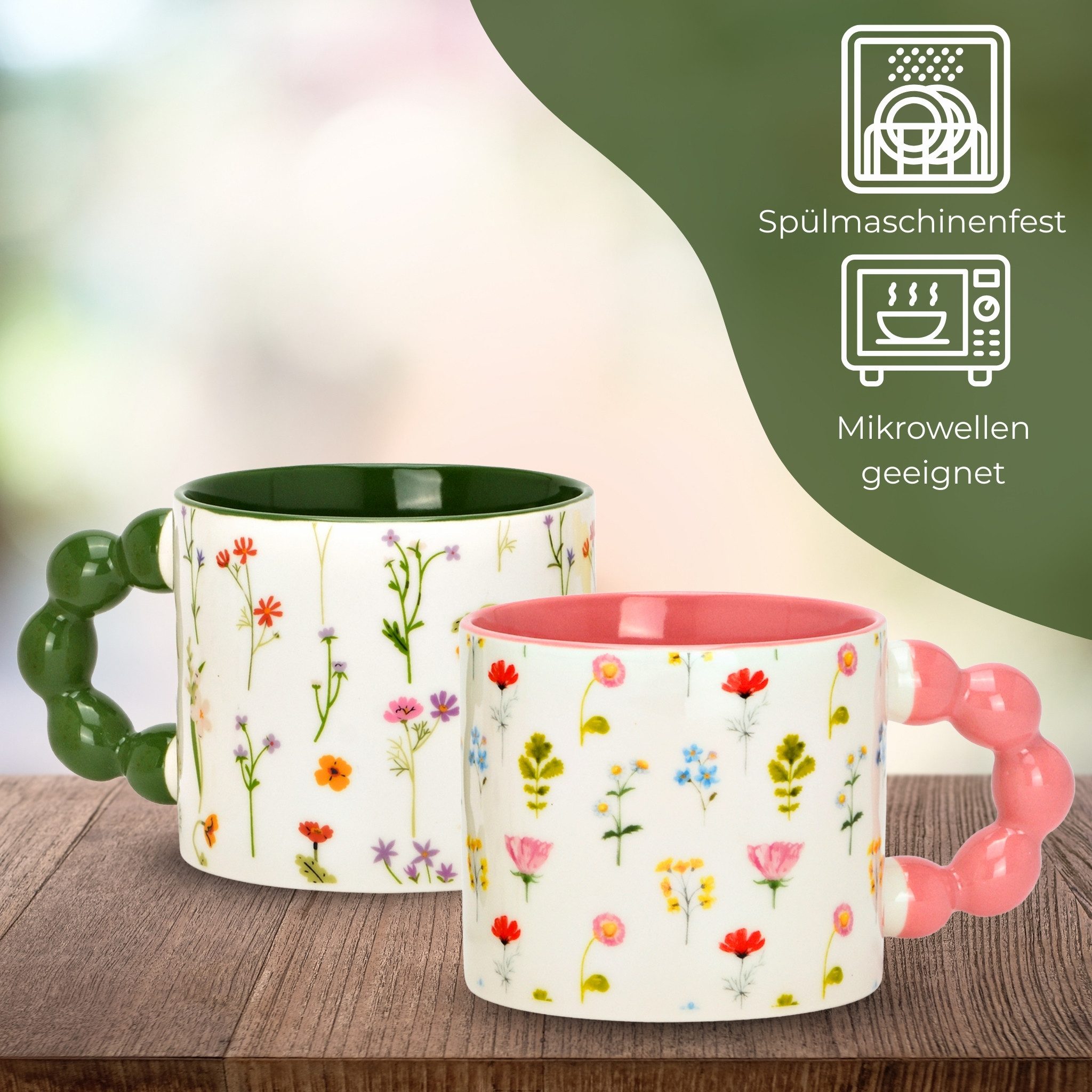 matches21 HOME & HOBBY Tasse Kaffeetassen 3er Set mit Blumen Dekor, 360 ml Porzellanbecher, 3-tlg., Porzellan, Moderne Dopamine Designertasse in Pastellfarben