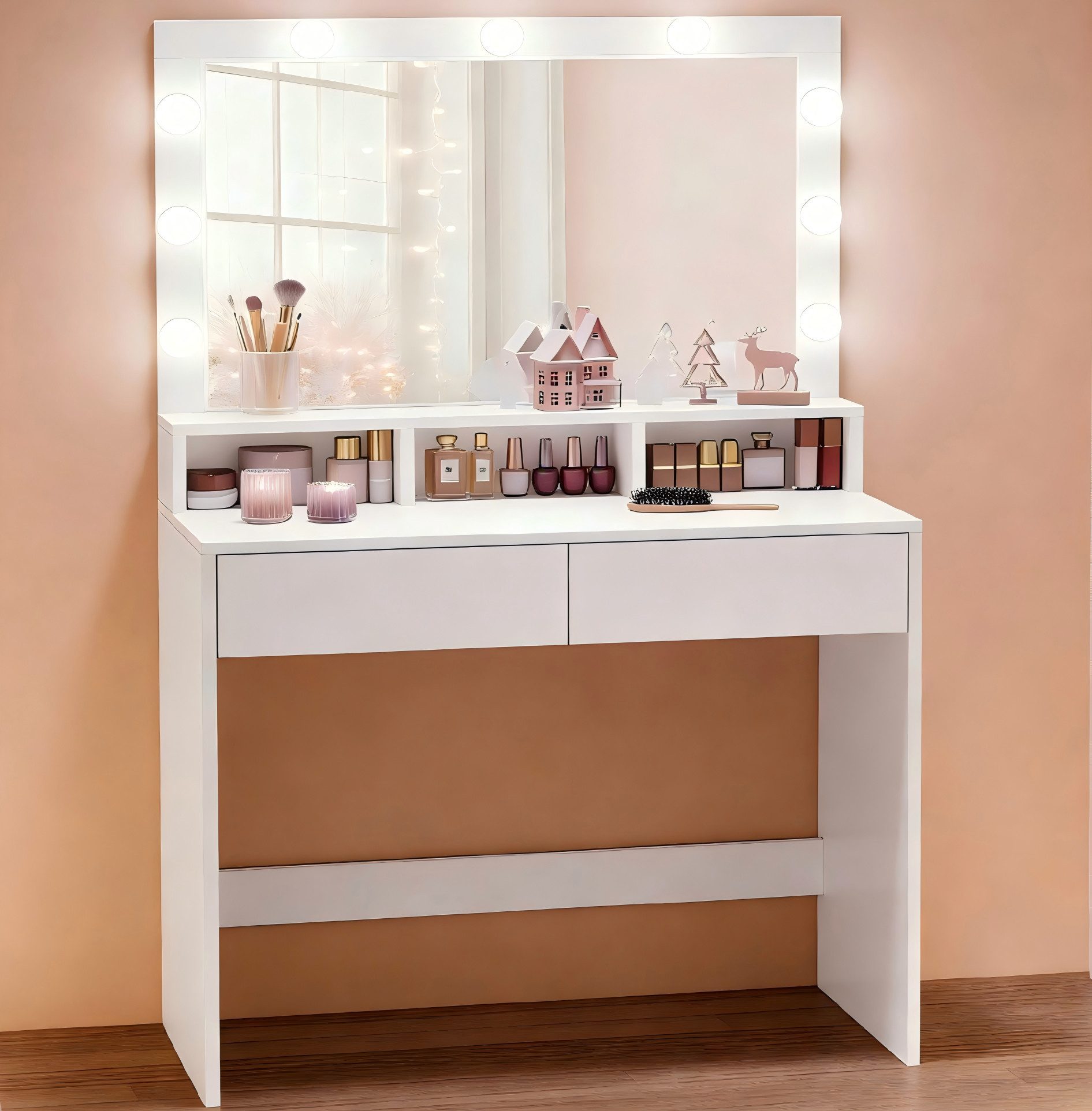 VASAGLE Schminktisch Kosmetiktisch mit LED-Beleuchtung, einstellbare Helligkeit, modern (1 Tisch), Kosmetiktisch, 3 Lichtfarben, 2 Schubladen, 3 offene Fächer