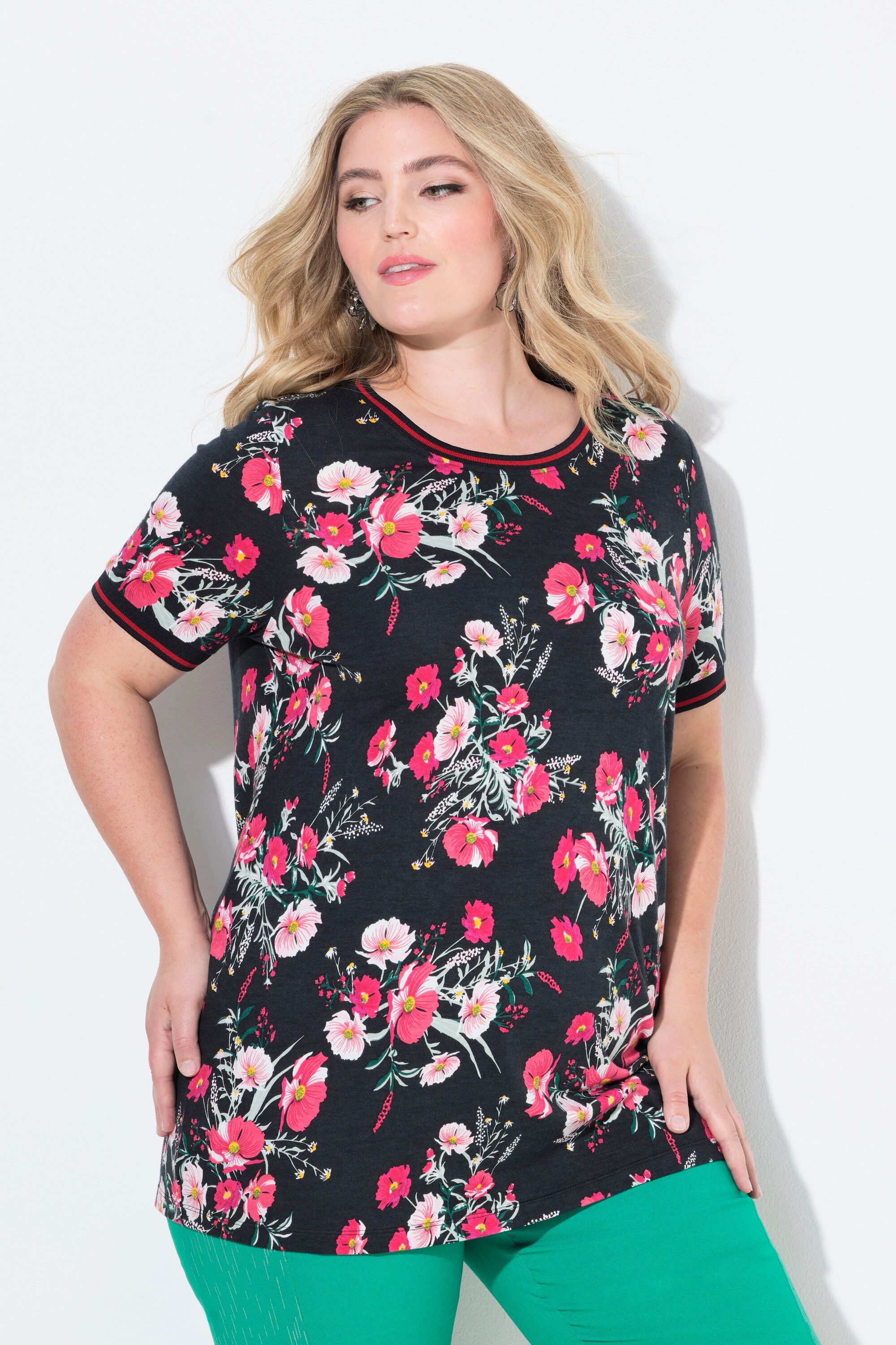 MIAMODA T-Shirt T-Shirt Blumenmuster Streifenbündchen Halbarm günstig online kaufen