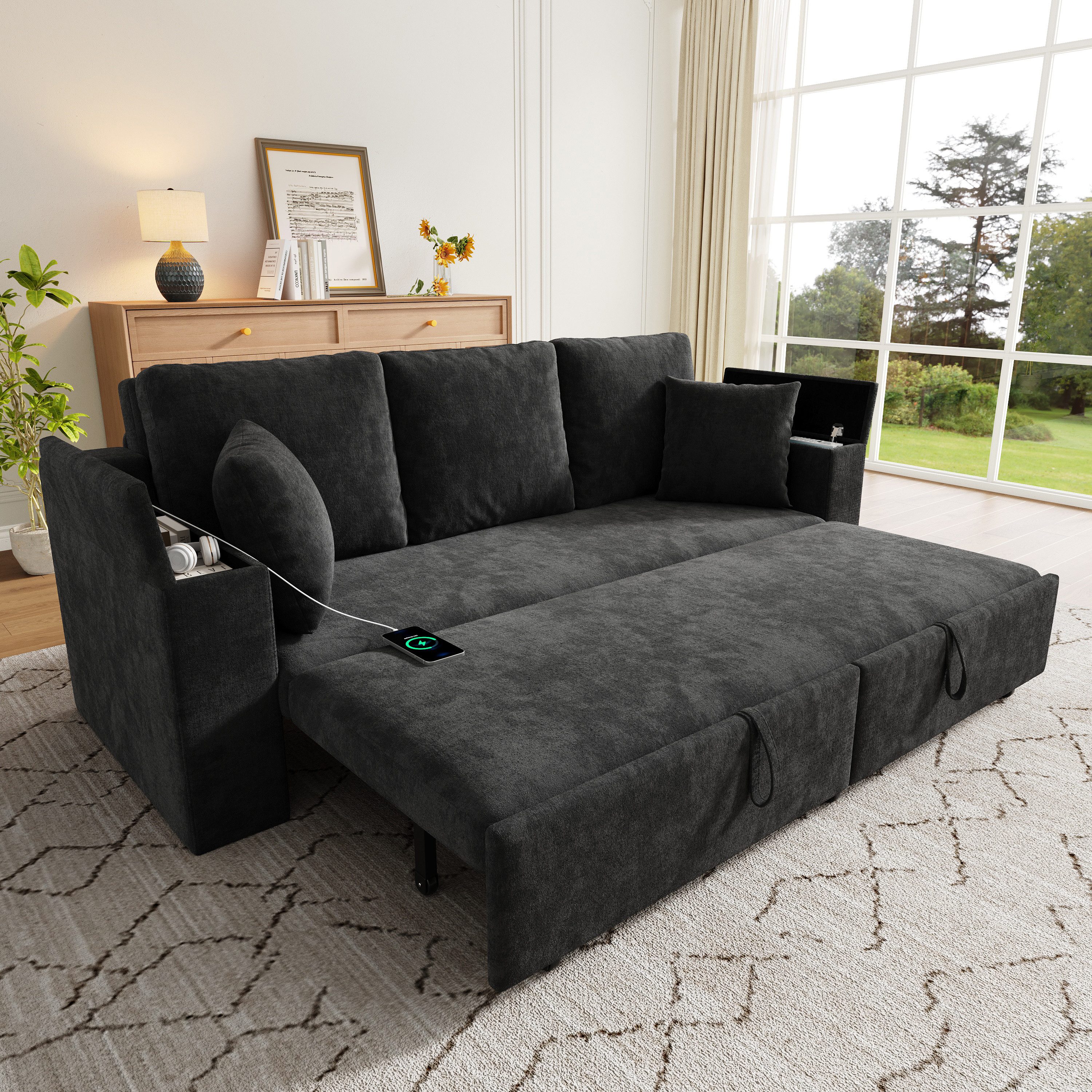 Merax Schlafsofa mit Schlaffunktion, Ausziehbares Sofa mit USB & Type-C Ladeanschluss, 1 Teile, 3-Sitzer Sofa mit Stauraum, Metallrahmen & Armlehnen-Ablage, Chenille