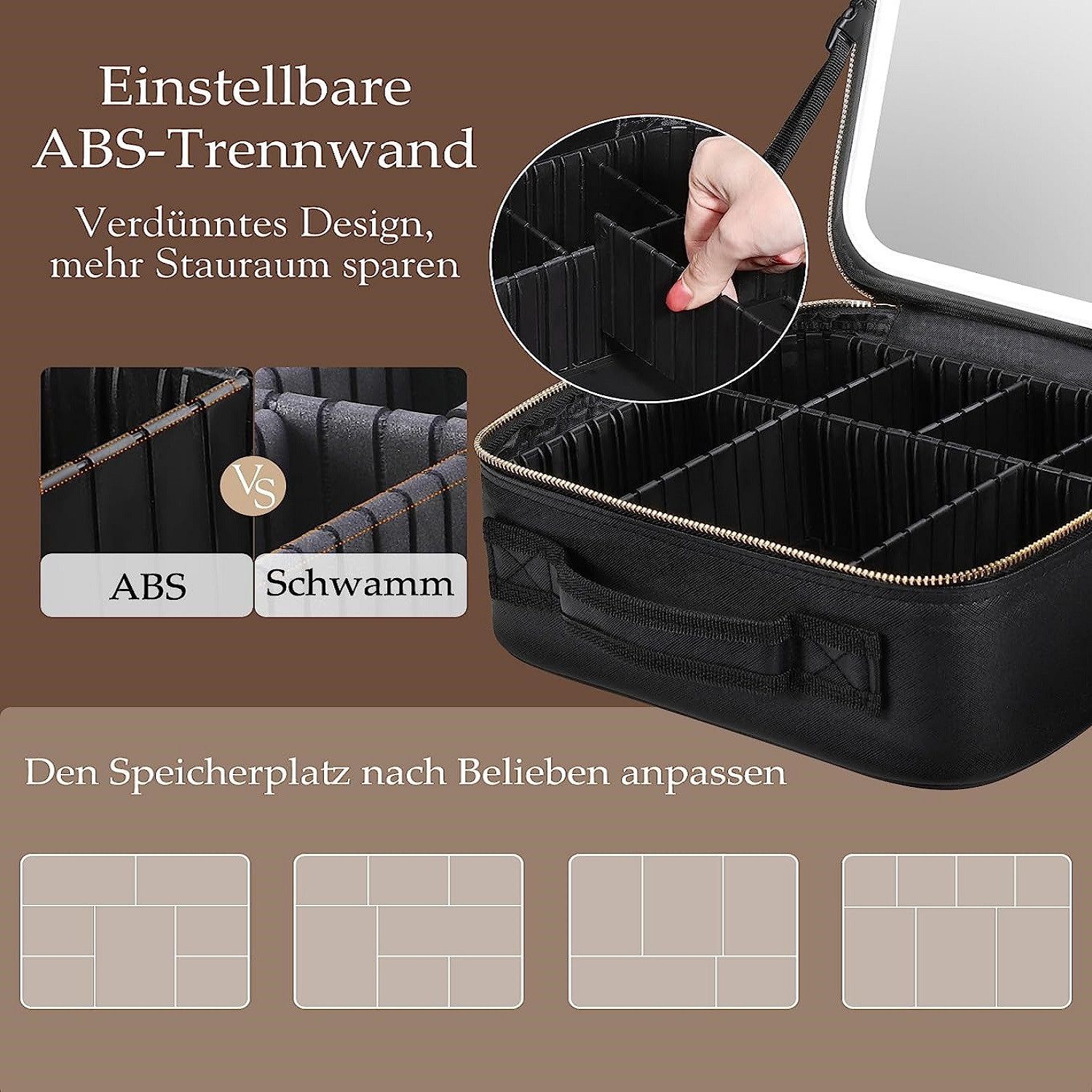 ibettertec Kosmetiktasche Kosmetiktasche mit Beleuchtetem Spiegel,Make Up Tasche (mit 3 Farbe LED Licht,Schminktasche mit verstellbaren Trennwänden,Reise Kosmet – Bild 5 von 5