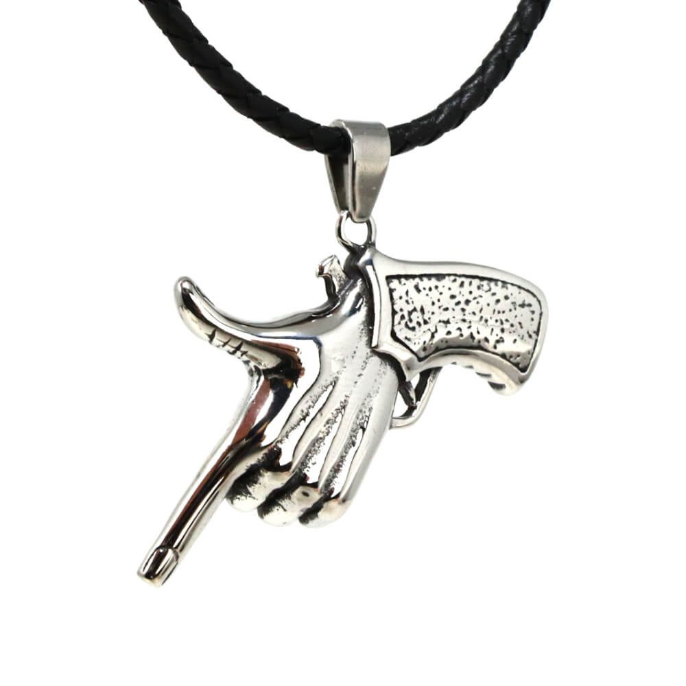DALMARO Kette mit Anhänger Lederkette Edelstahlkette 316L FINGER PISTOLE, Herren Halskette Biker / Wikinger Kette - Schmuckbox