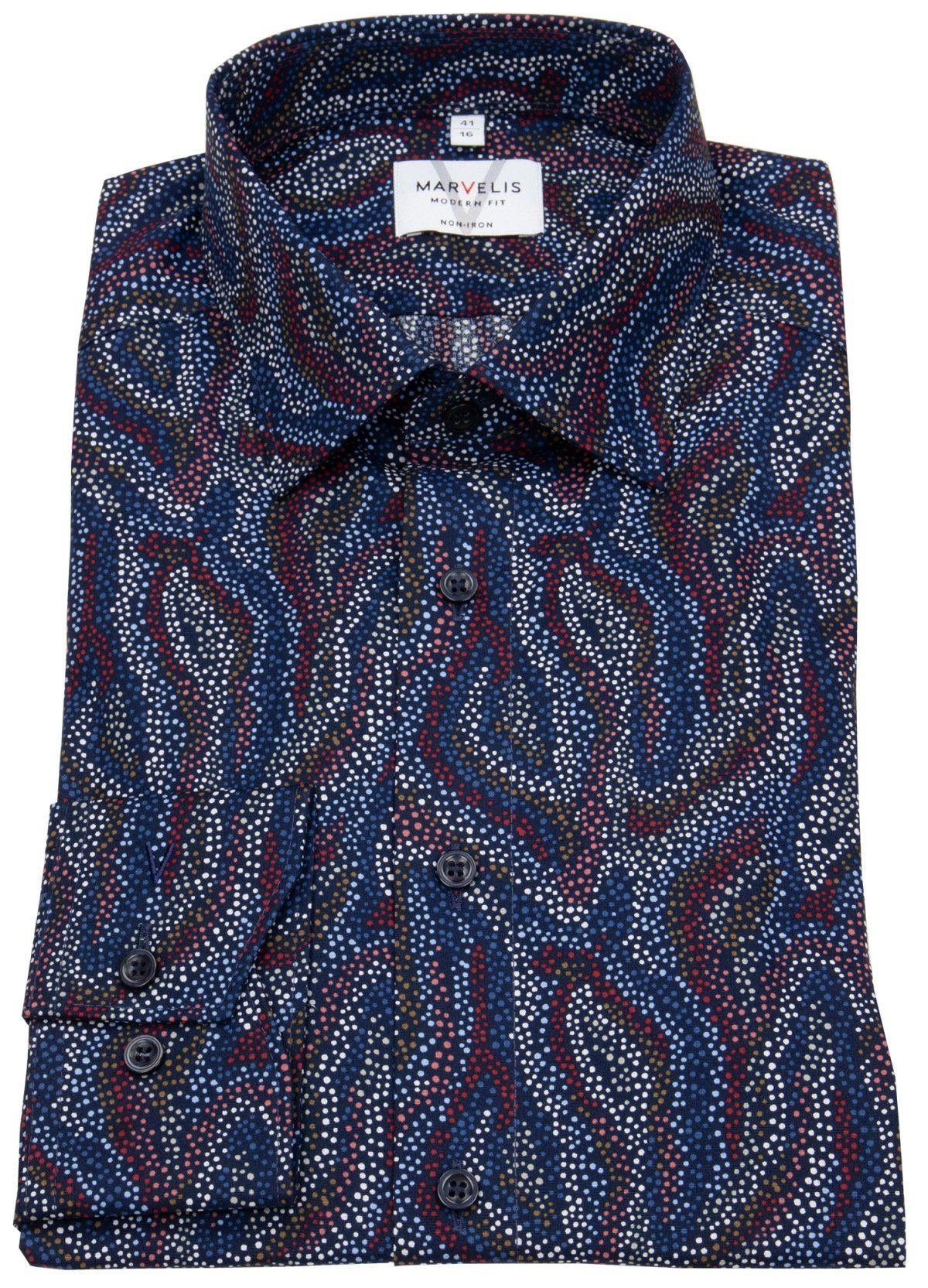 MARVELIS Punkte stylisches tailliert Kentkragen, Modern bügelfrei - Fit Langarmhemd leicht Muster