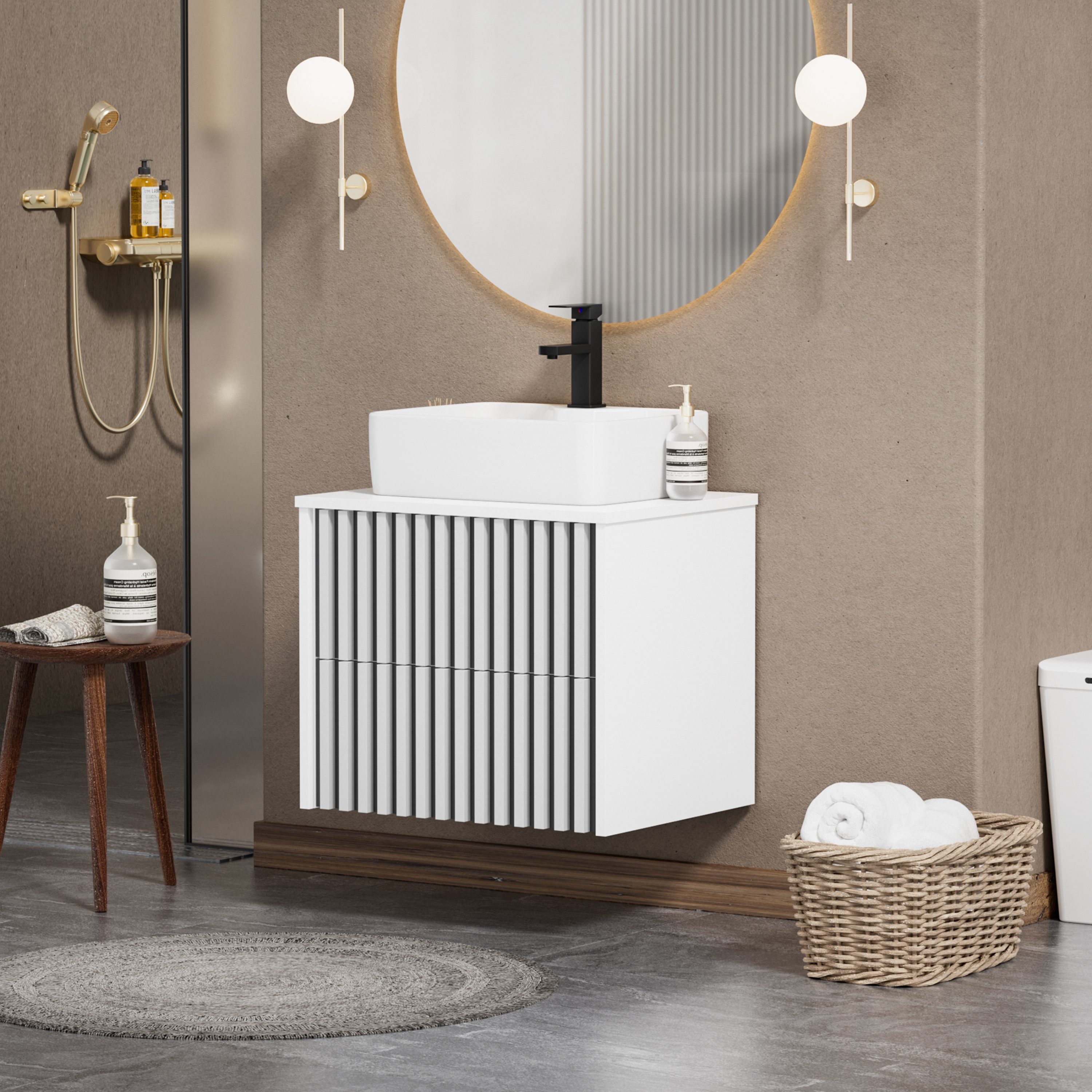 UEV Waschtisch mit Unterschrank hängend Keramik Waschbecken (Packung, Komplett-Set Badmöbel, Badezimmmer Schrank), Waschbeckenunterschrank mit Wasserhahn und Pop-up-Ablassventil