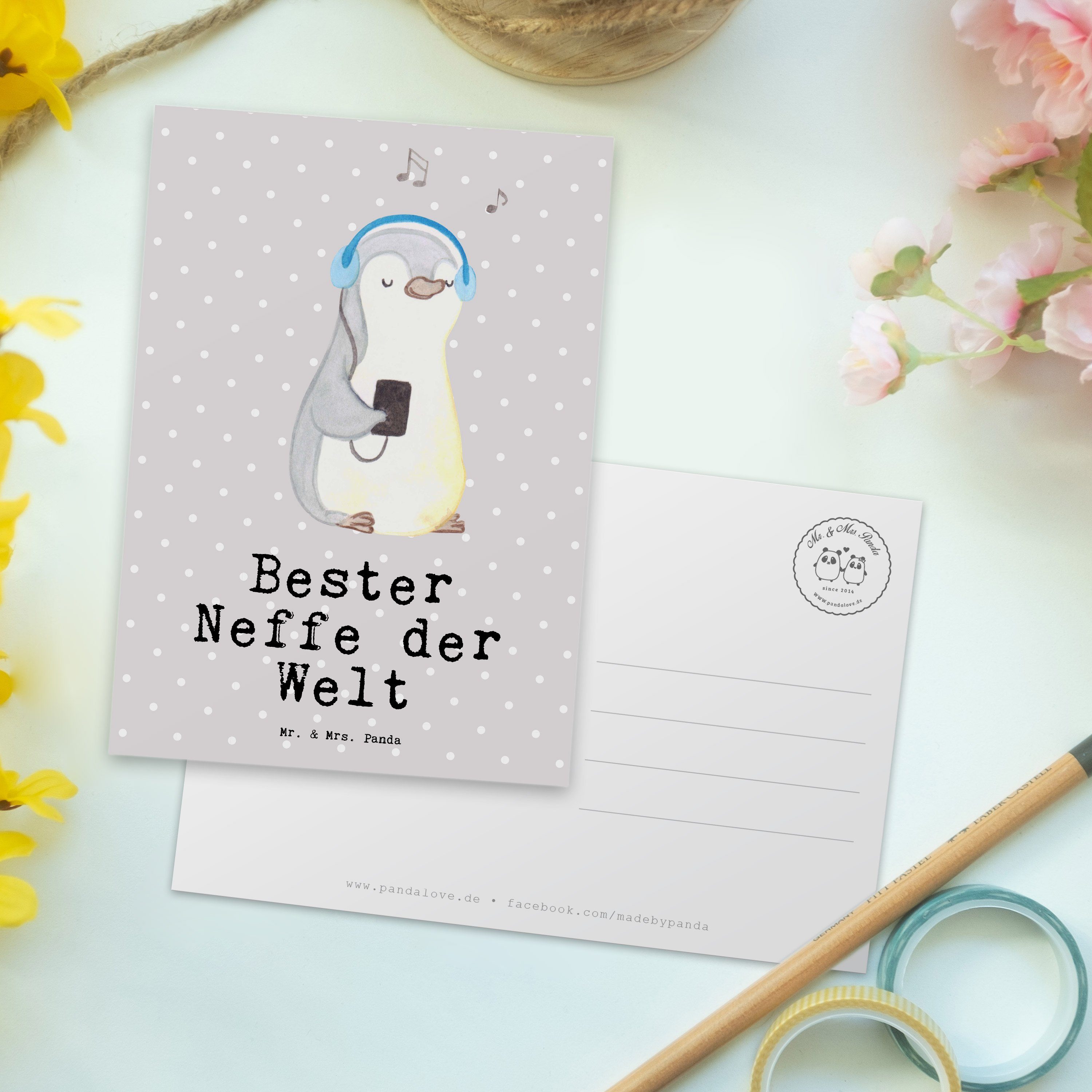 Mr. der - Postkarte Bester Grau Einladungska - Pinguin Geschenk, Panda Neffe Welt & Pastell Mrs.