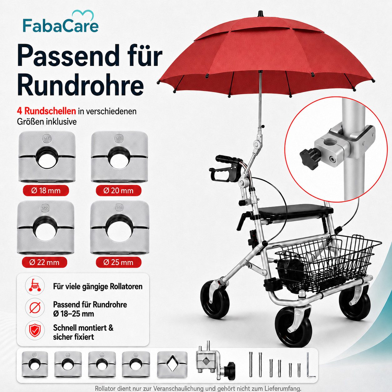 FabaCare Rollator Regenschirm mit Halterung für Rollatoren, Schirm für Gehwagen