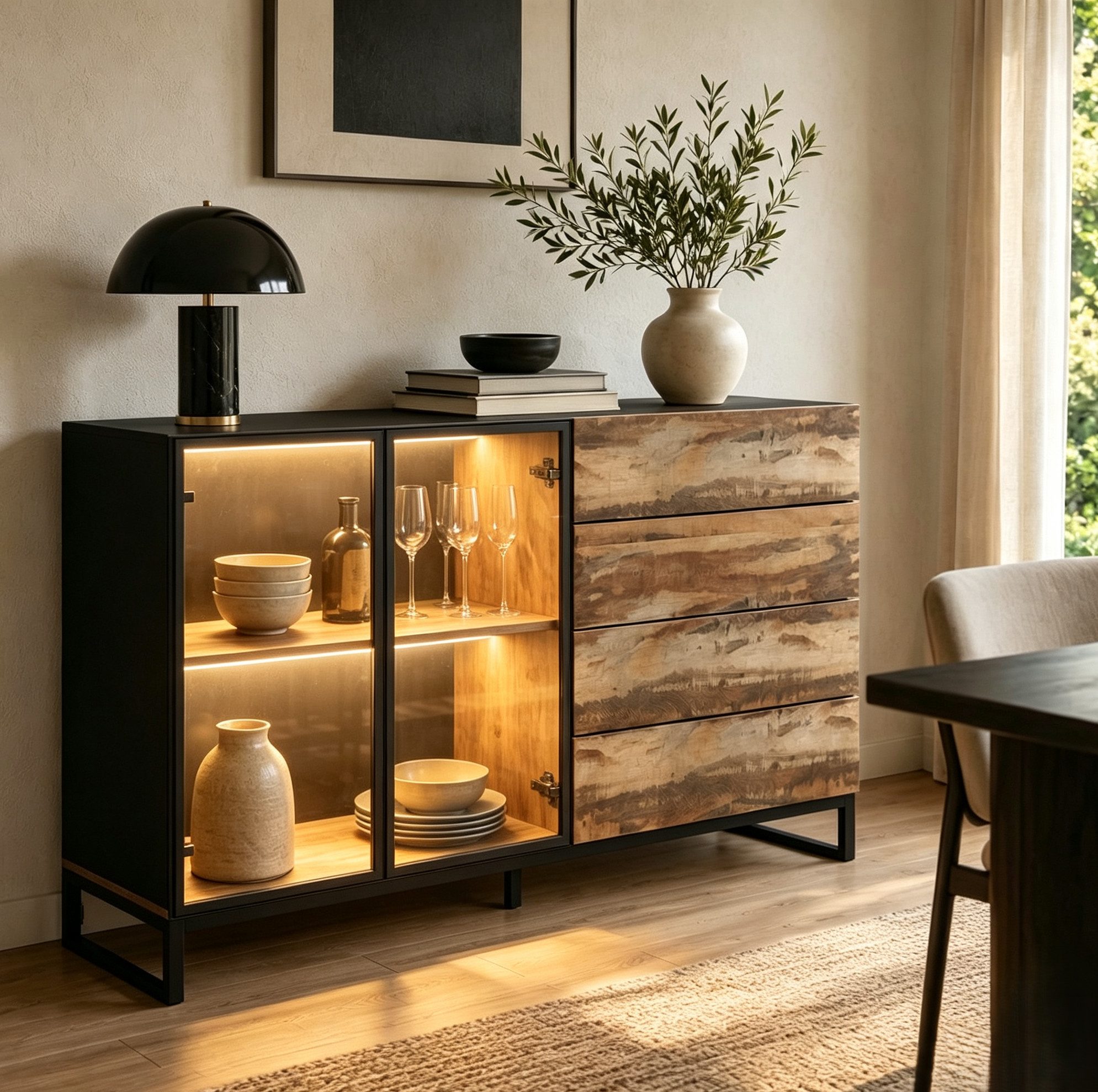 FUFU&GAGA Sideboard Highboard 160cm Vitrine mit LED, Glasvitrine Sideboard, Holz
