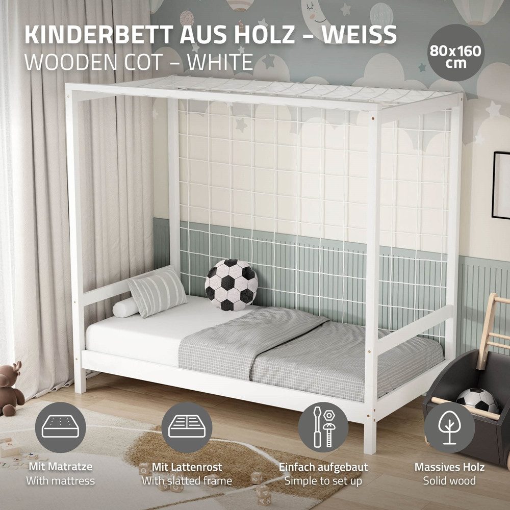 ML-DESIGN Spielbett Fußballtor Einzelbett für Kinder Holzbett mit Lattenrost & Tornetz, Handballtor Abenteuerbett 80x160cm Weiß Kinderbett mit Matratze H:10cm