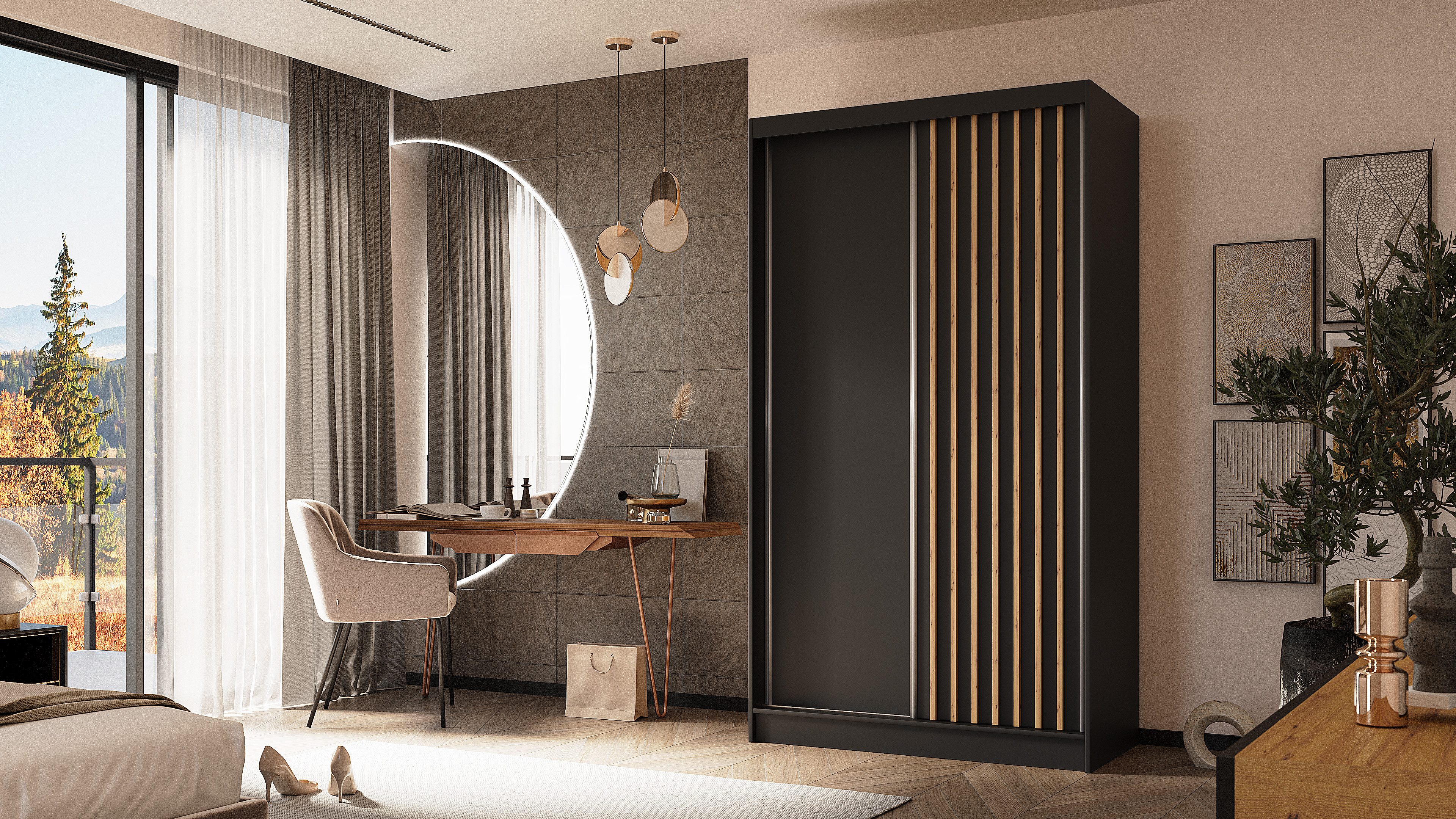 ALTDECOR Schiebetürenschrank LABELLO (Kleiderschrank Garderobenschrank mit viel Stauraum Moderner Schrank) Vielseitiger Schwebetürenschrank Lamellen LED Beleuchtung