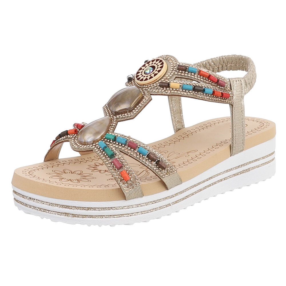 Ital-Design Damen Sandalen mit Stein- und Perlenverzierungen, Freizeit Plateausandaletten (91512192) Keilabsatz/Wedge Keilsandaletten in Gold