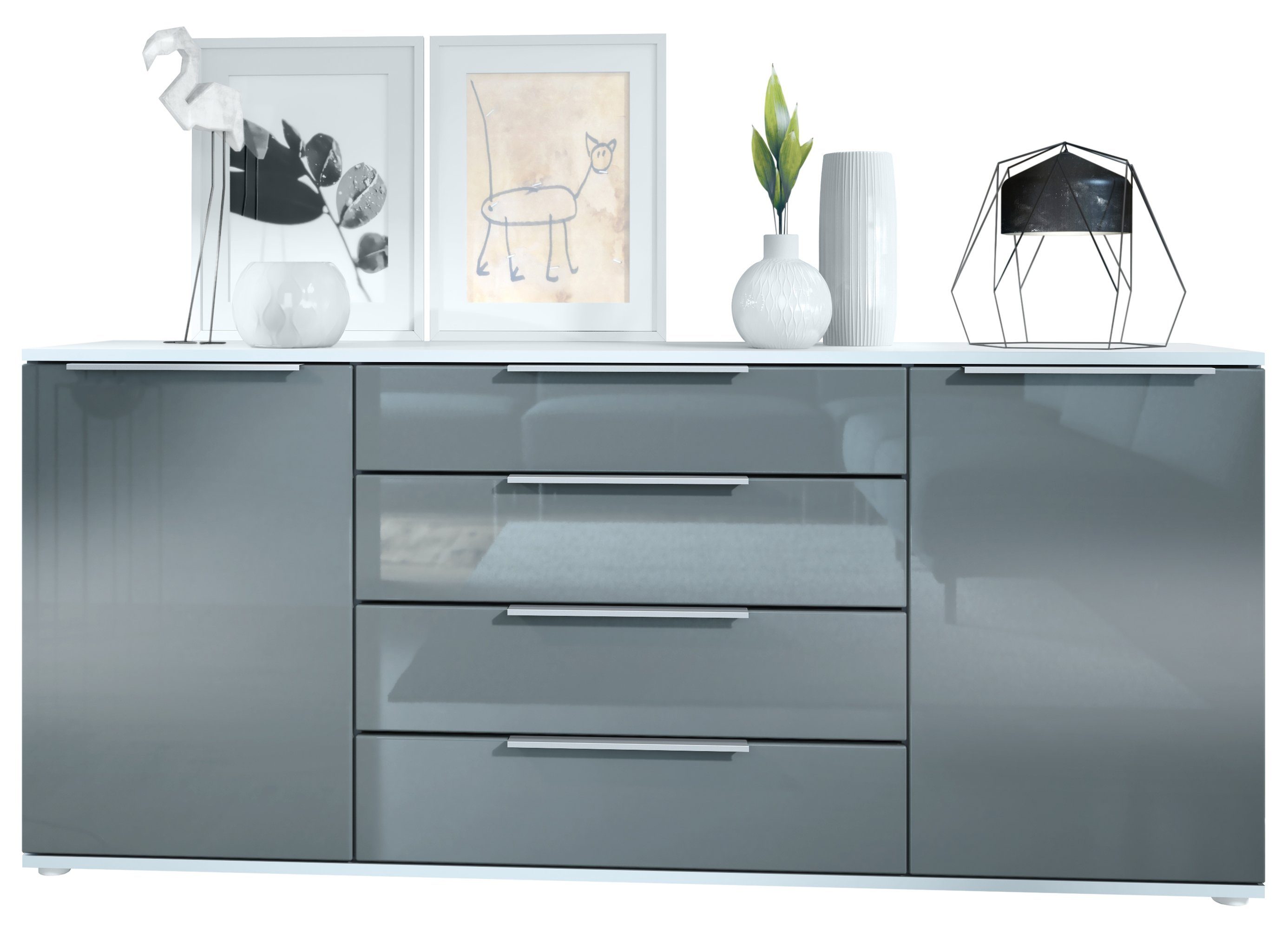 Vladon Sideboard Linio (Anrichte, mit 2 Türen und 4 Schubladen), Weiß matt/Grau Hochglanz (166,5 x 72,5 x 35 cm)