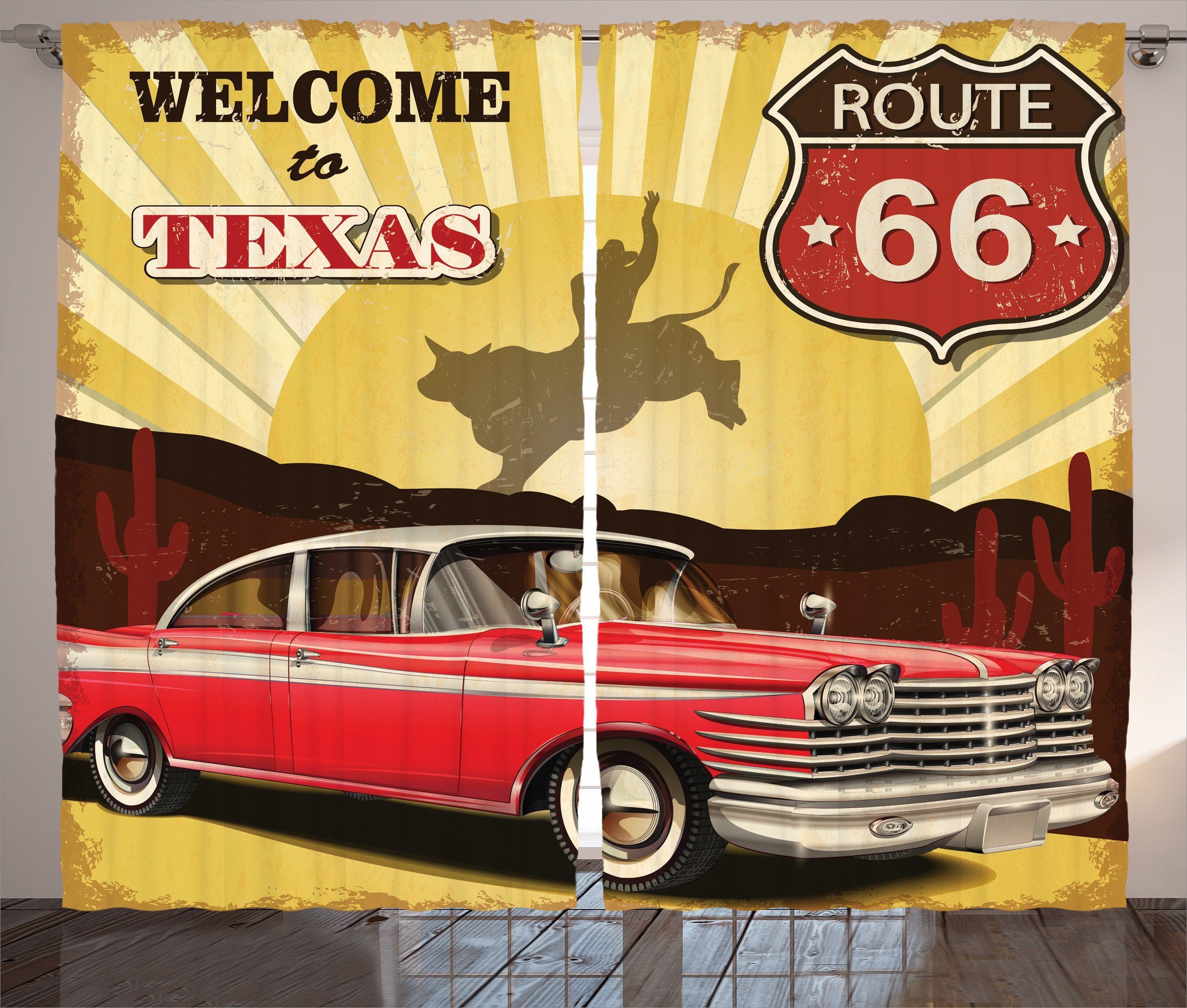 Western Gardine mit Texas Abakuhaus, Auto und Wörter Schlafzimmer Cowboy Kräuselband Haken, Schlaufen Vorhang