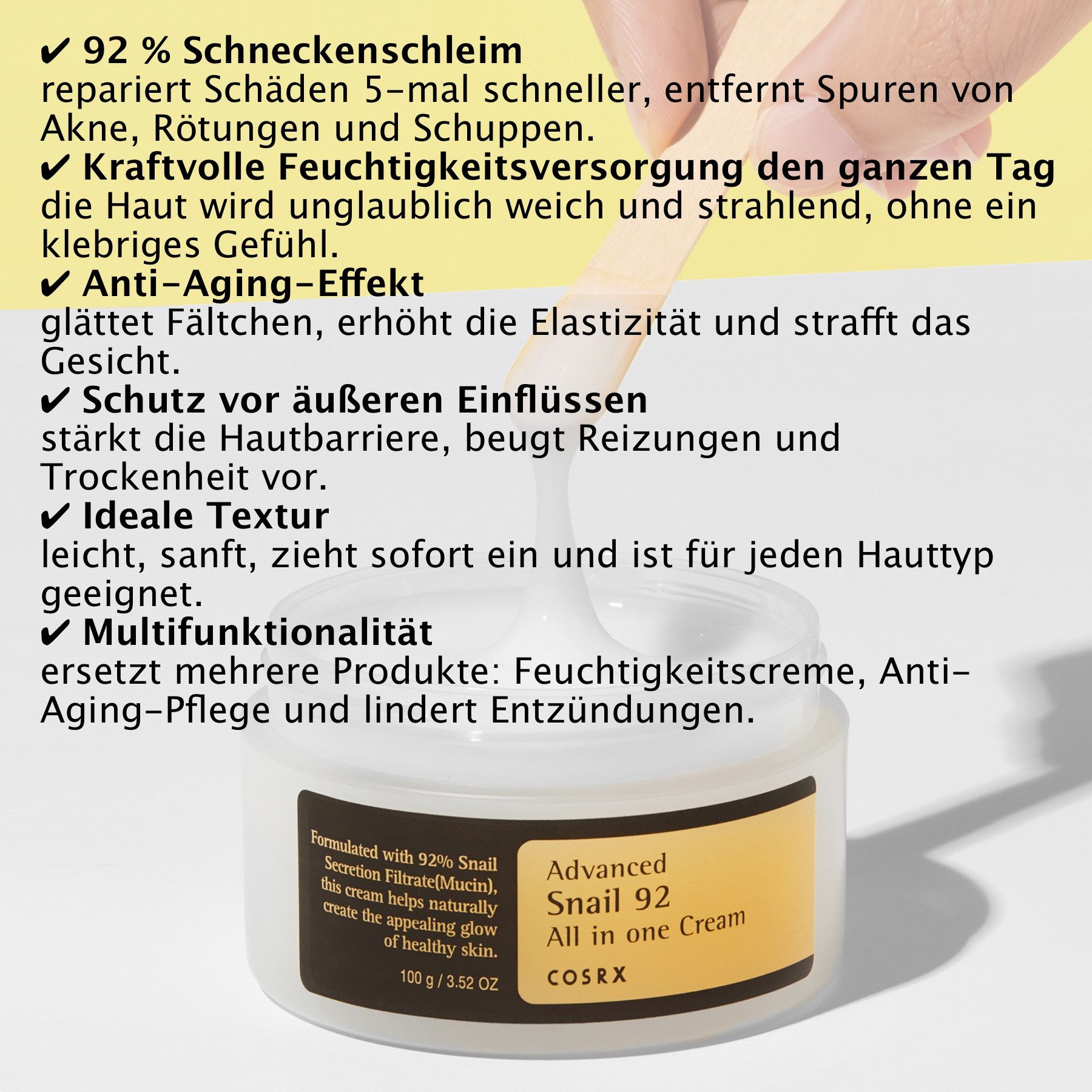 Cosrx Anti-Aging-Creme Advanced Snail 92 All In One Cream Anti Falten Schneckenschleim, 1-tlg., Feuchtigkeitscreme, Rötung, Straffung, Stresslinderung