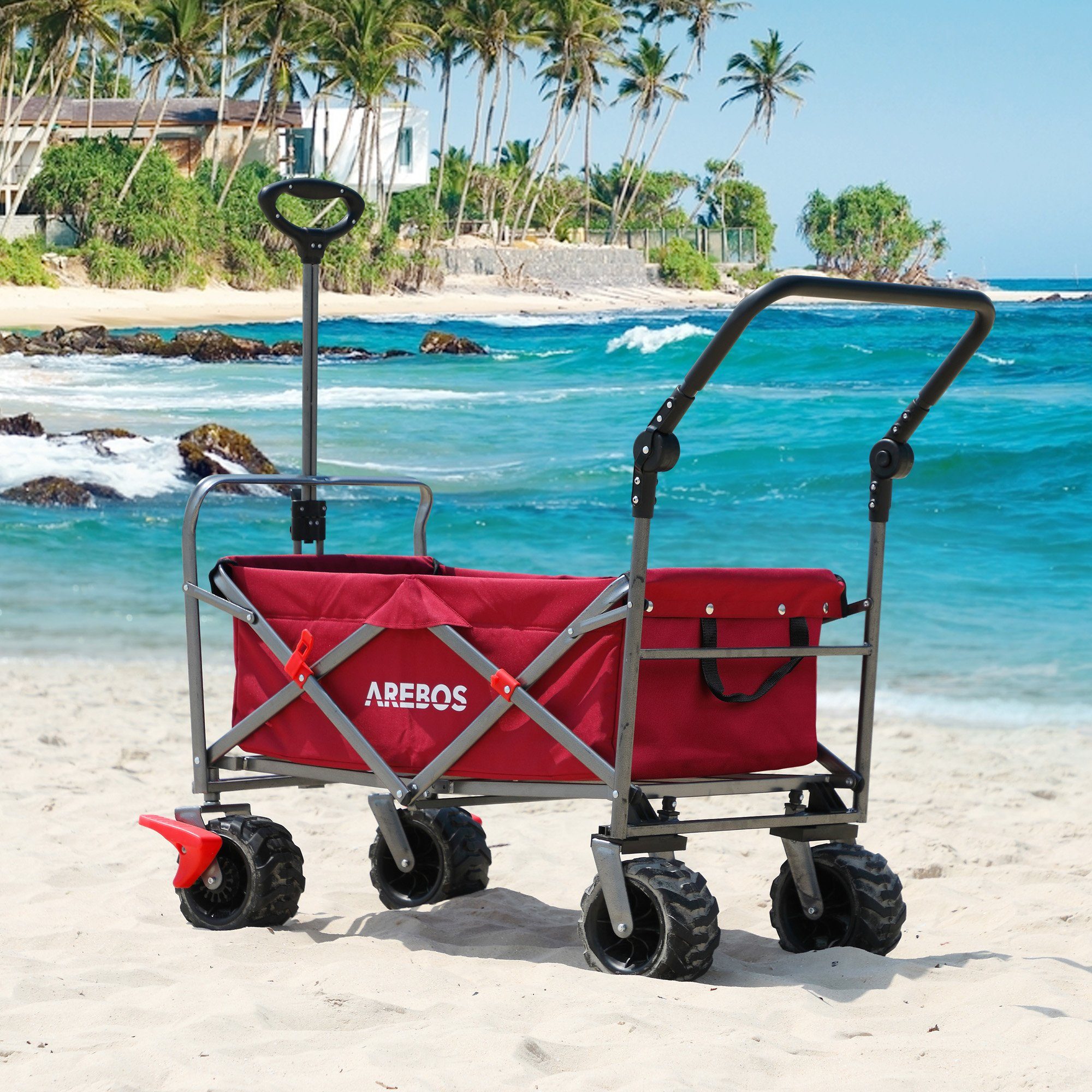 Arebos Bollerwagen Faltbarer Handwagen mit Dach – Transportkarre für Garten & Freizeit, PU-Räder und verstellbaren Griff