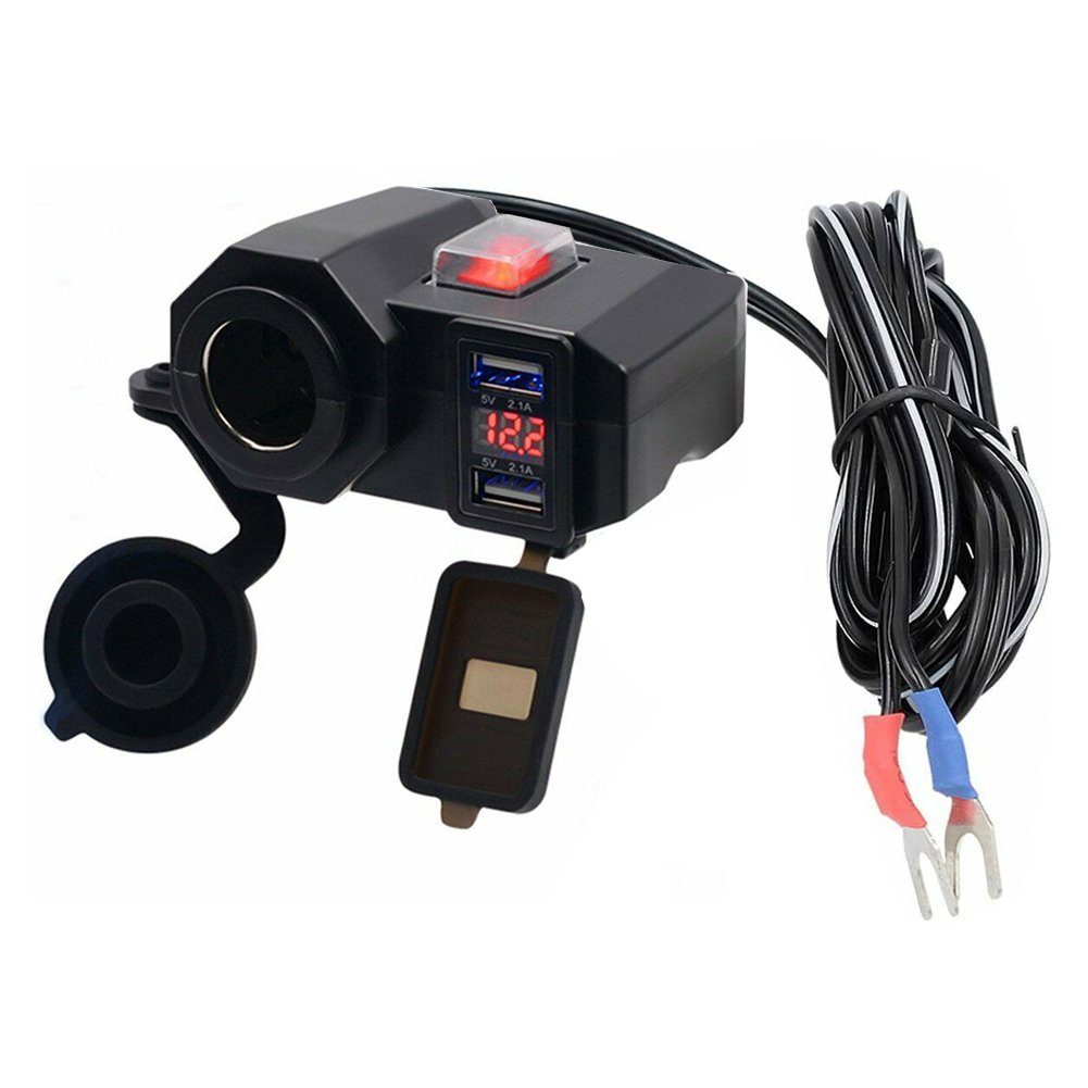 Bolwins D74C Motorrad Zigarettenanzünder 2x USB Steckdose Ladegerät 5V /2,1A USB-Ladegerät (2100 mA, Packung, 8-tlg., Dual USB, mit Schalter, wasserdicht, Spannungsanzeige)