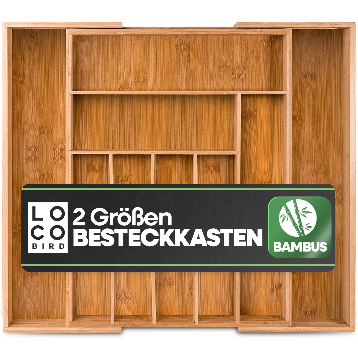 Loco Bird Besteckkasten für Schubladen aus Bambus (Schubladeneinsatz für Küchenschubladen, Nützlicher Besteckeinsatz fur Küchen), Ausziehbar bis zu 7/9 Fächern