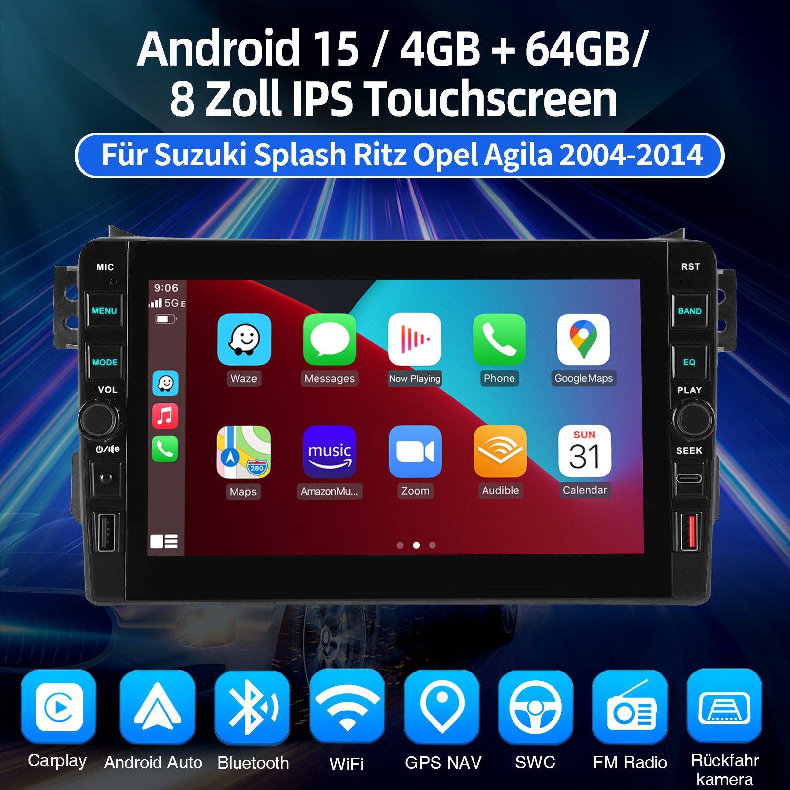 ESSGOO Für Opel Agila B 04-14 Suzuki Splash Autoradio Android 15 Autoradio (RDS, 4+64GB(optional), Digitalradio (DAB), FM, BT 4.1, SWC, Carplay Android Auto Bluetooth EQ USB GPS Navi WIFI Touchscreen)