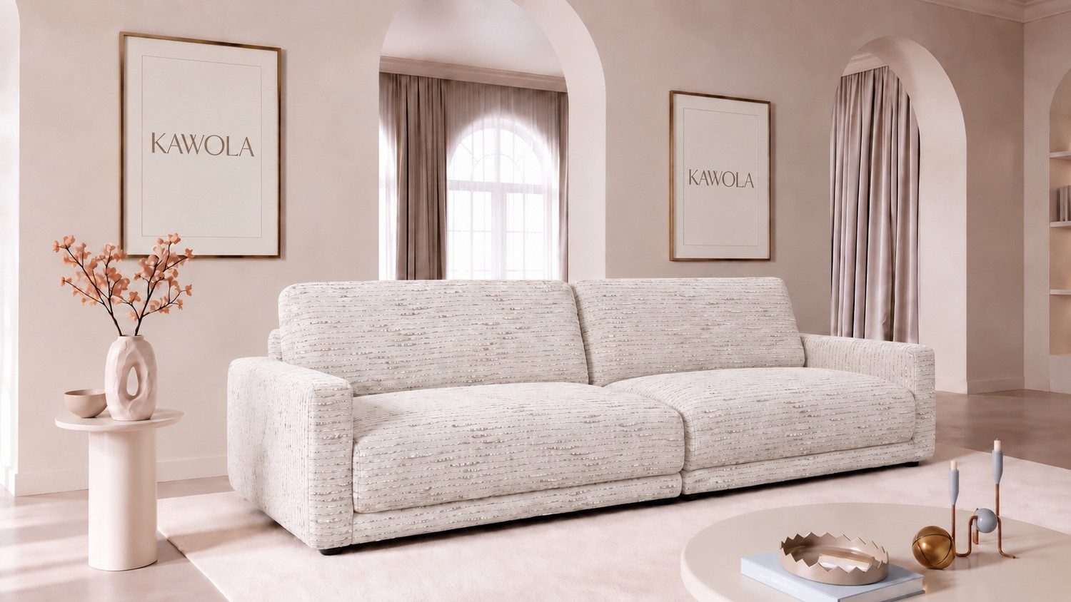 KAWOLA 3-Sitzer MARLIN 3-Sitzer Sofa aus Bouclé, beige, 3-Sitzer Sofa Stoff beige