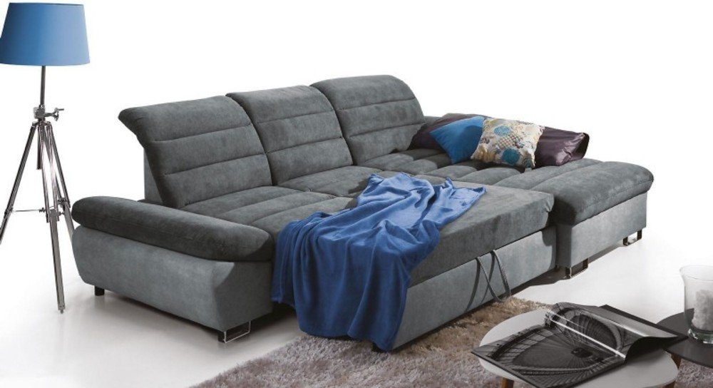 mit Modern frei oder Ecksofa bestellbar, Bettfunktion Eckcouch, im mit stellbar, L-Form, links Raum rechts inklusive Bettkasten, Romola, und mane Kopfteil-, Relaxfunktion und Armlehnenverstellung, Design, Rückenteil- Stylefy