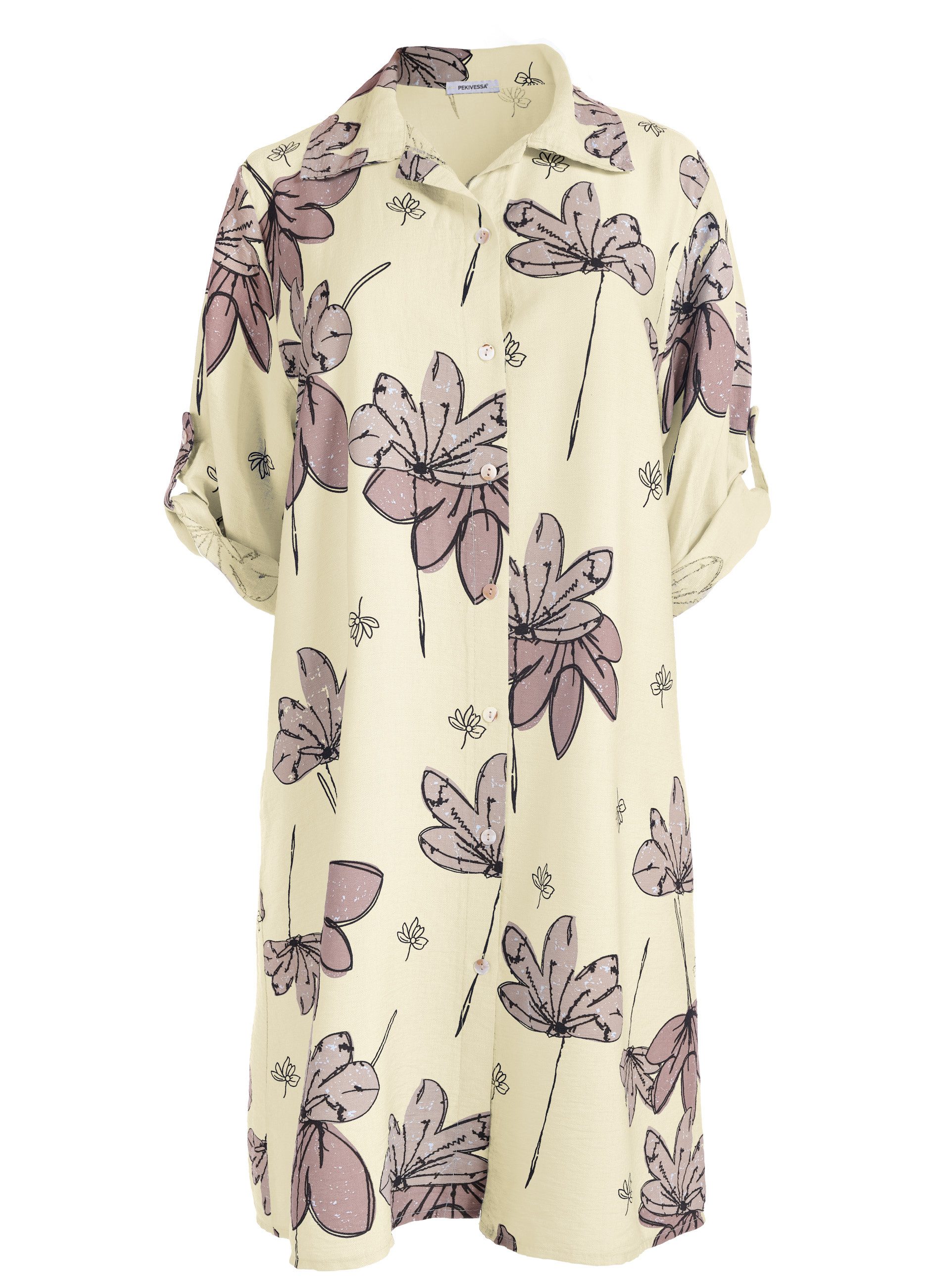 PEKIVESSA Sommerkleid Hemdblusenkleid mit Turn-Up-Ärmel Legerer gerader Schnitt mit Allover-Print