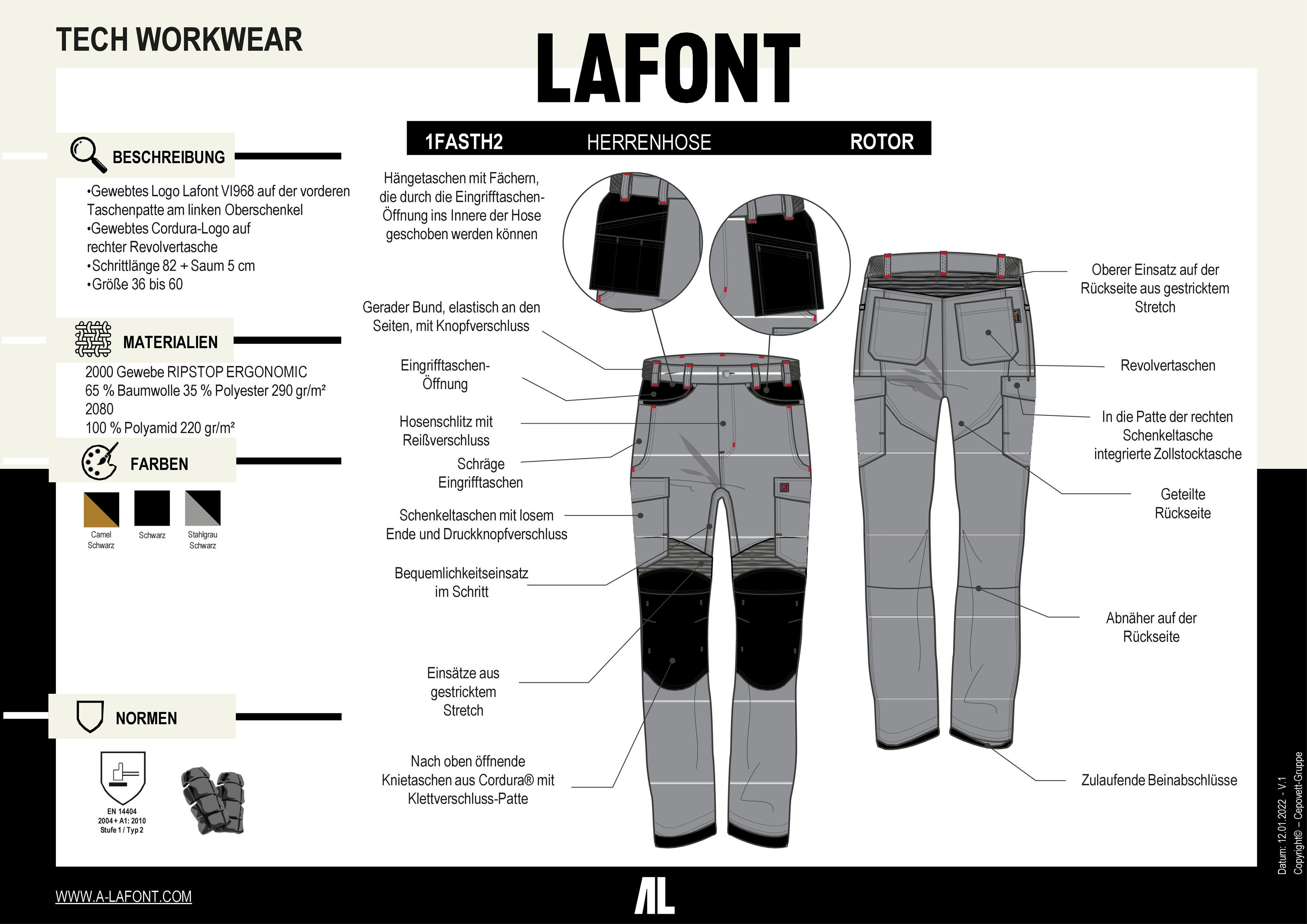 Lafont "Rotor" aus / SCHWARZ Elastischem STAHLGRAU Einsatz Kniepolstertaschen Rippstrick, Arbeitsbundhose