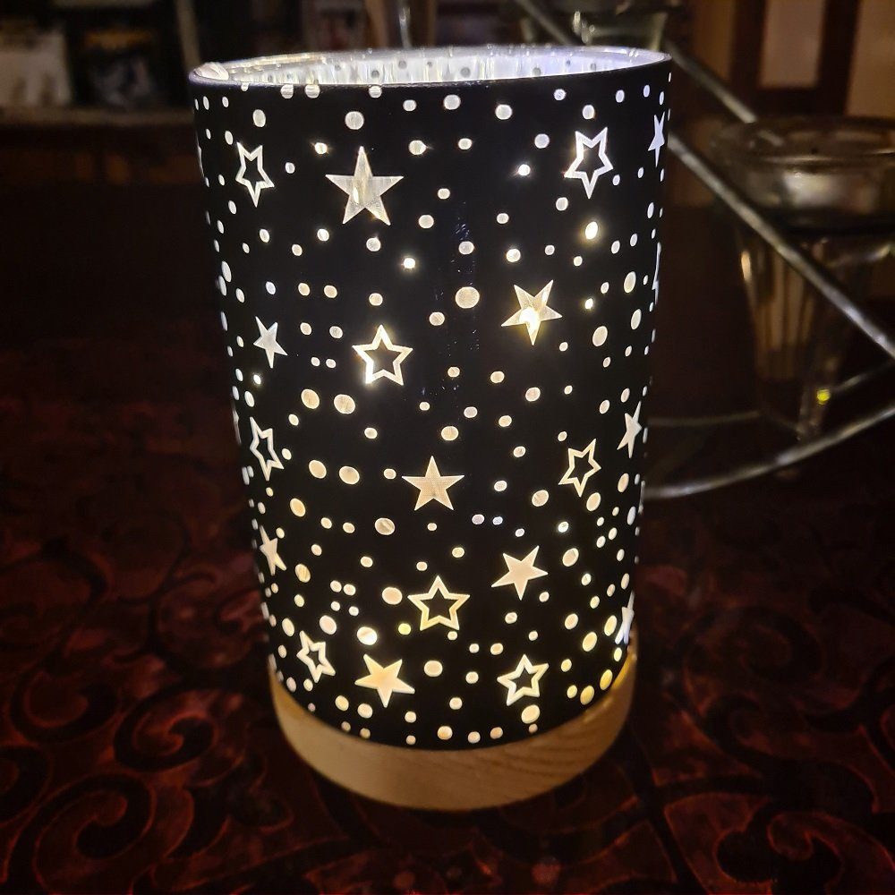 Glas LED "Sternenmotiv" schwarz 10er Windlicht Tischleuchte 15x9cm STAR Timer SA304